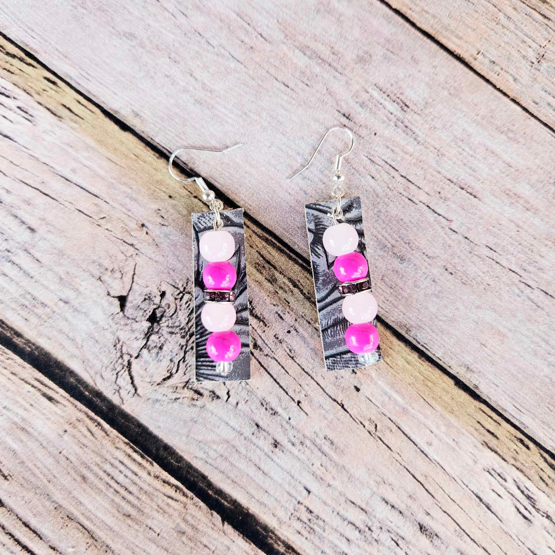silver earrings, pink and white beaded earrings, pink rhinestone earrings, grey leather earrings, handmade jewelry