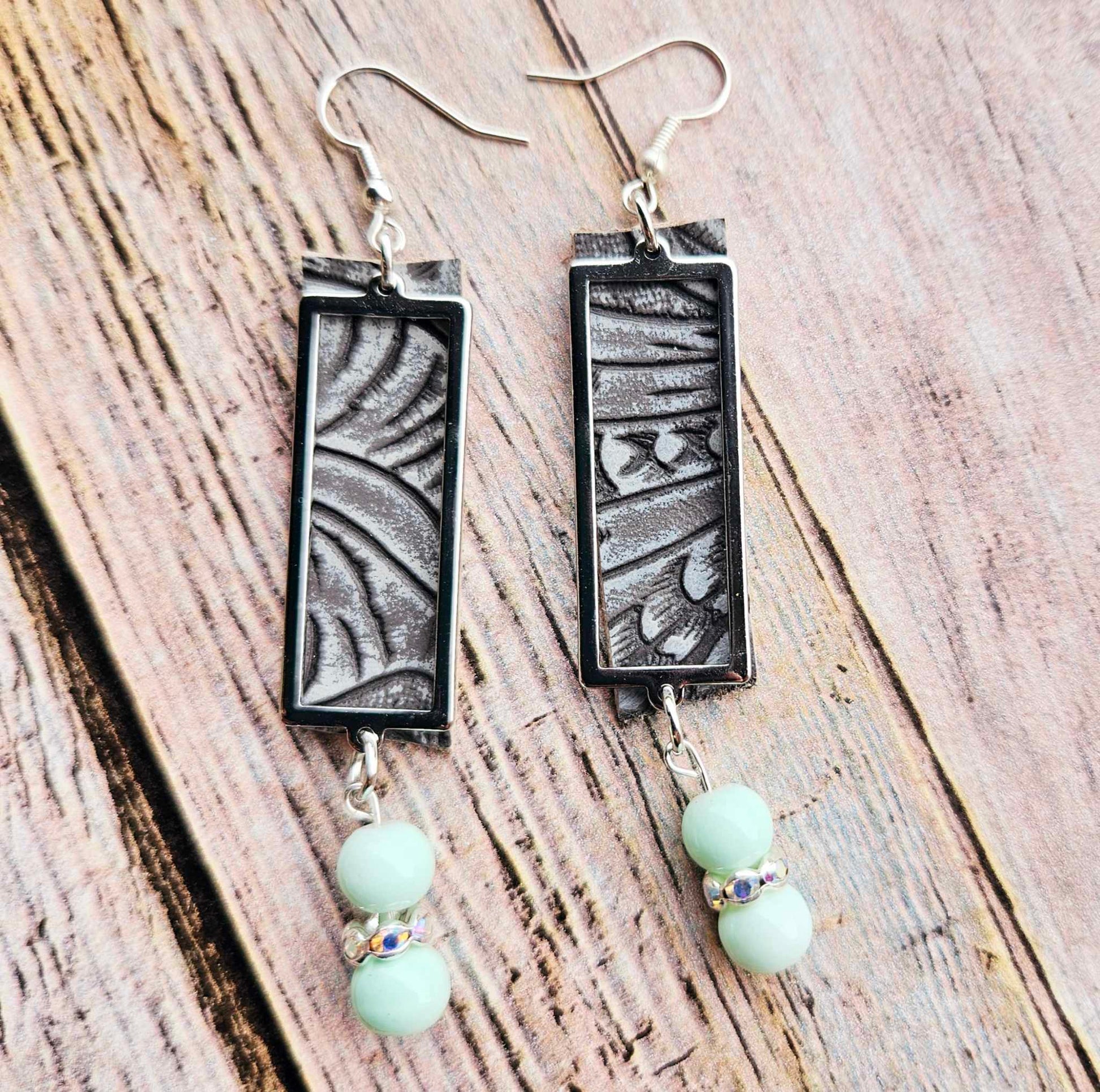 silver rectangle earrings, mint green beads, rhinestone spacer beads, grey leather jewelry, handmade jewelry