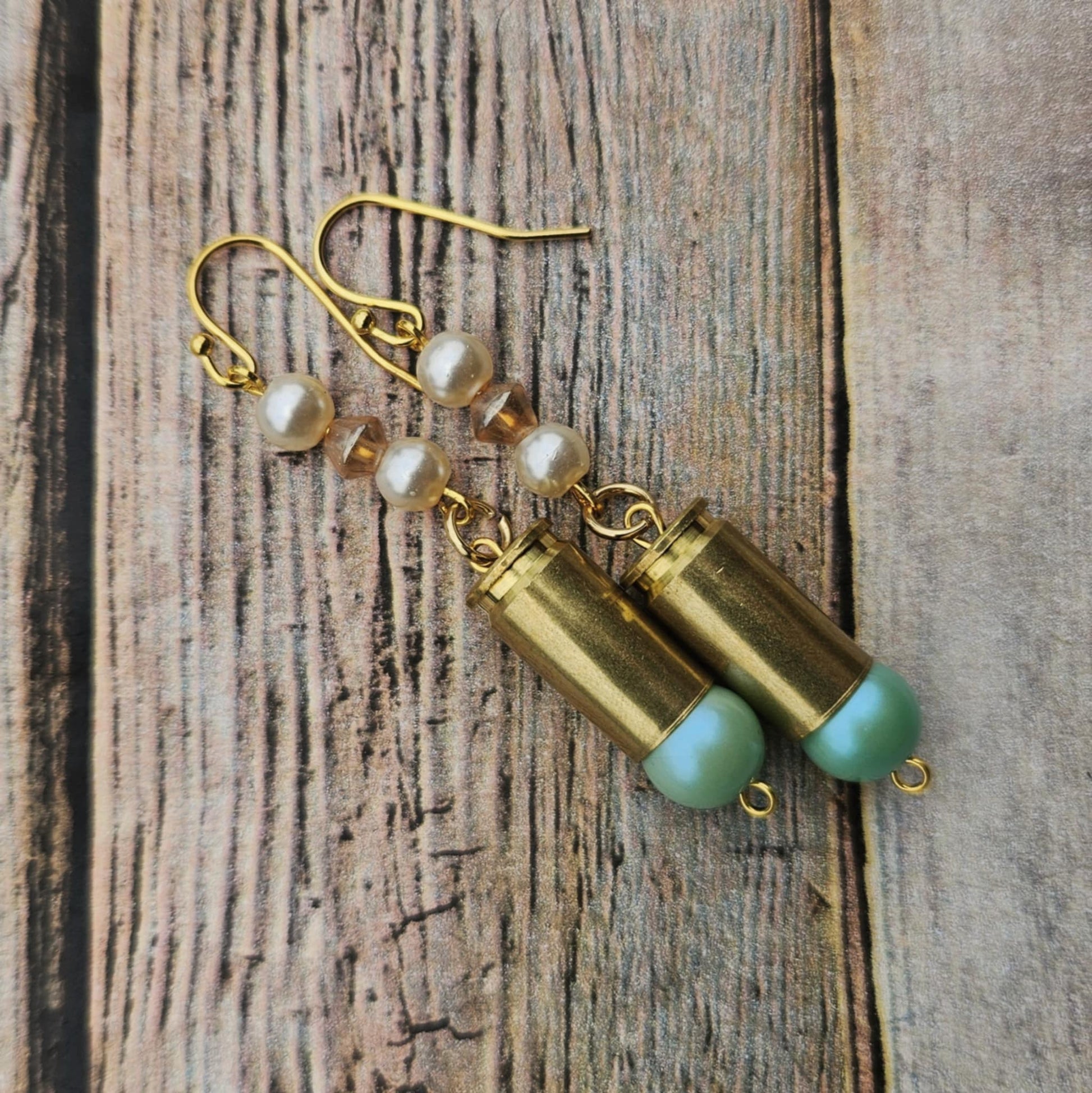 pearl ammo earrings, aqua pearl earrings, gold hook earrings