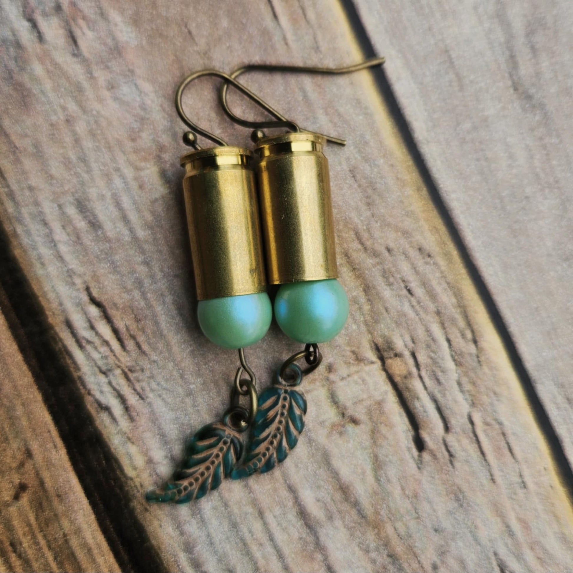 aqua pearl earrings, antique gold, bullet case earrings, ammo earrings, leaf earrings, handmade earring