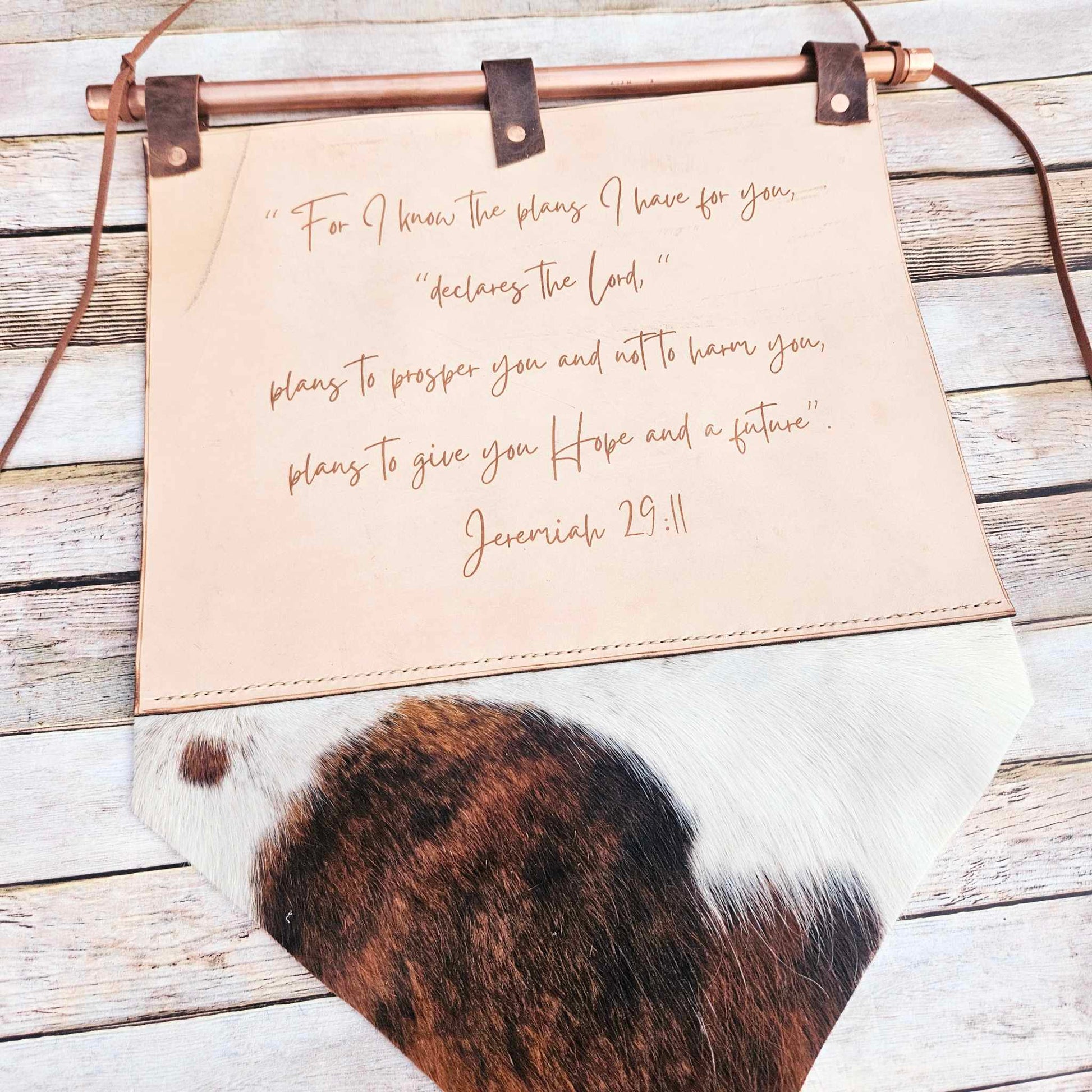 laser burned scripture wall hanging, handmade leather hanging, scripture art