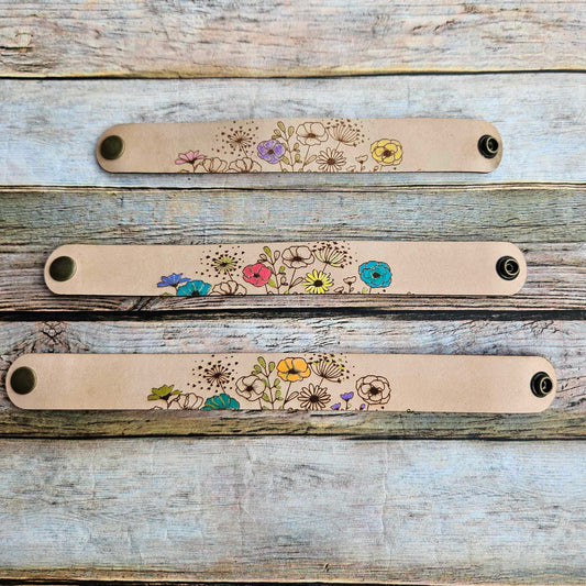 laser burned bracelet,  floral burned bracelet, leather burned bracelet