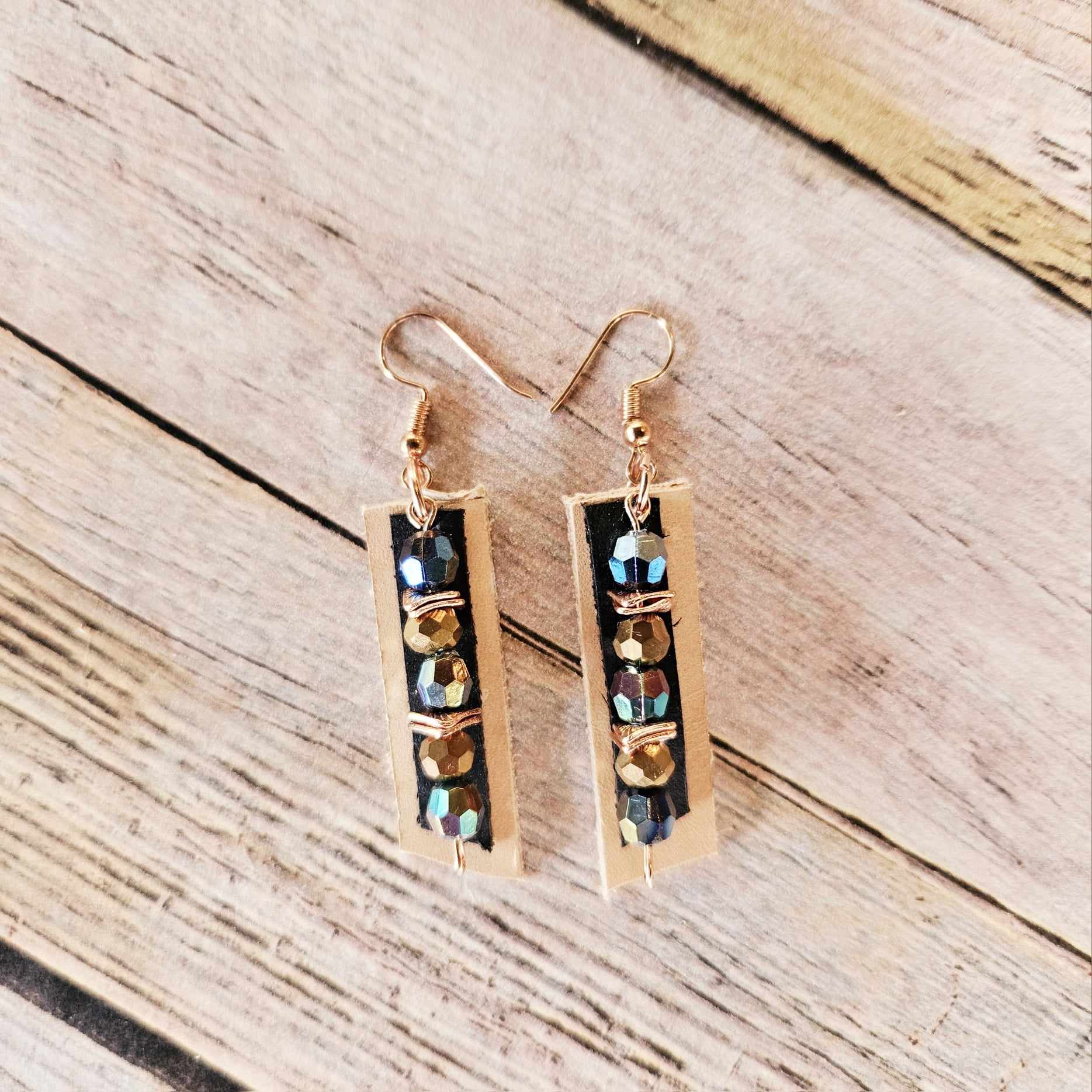 rose gold earrings, rose gold beads, black and vegetable leather earrings,  handmade jewelry