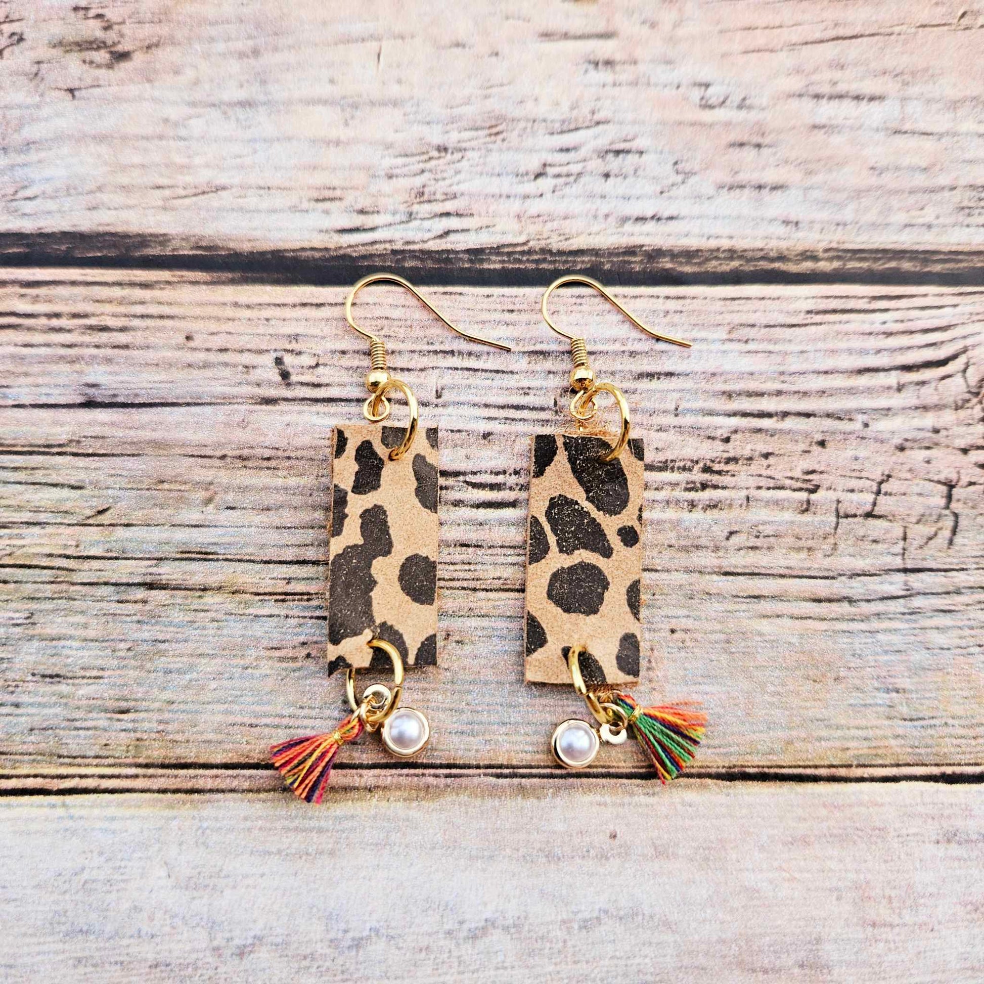 gold earrings, leopard leather earrings, pearl and tassel charms, handmade jewelry
