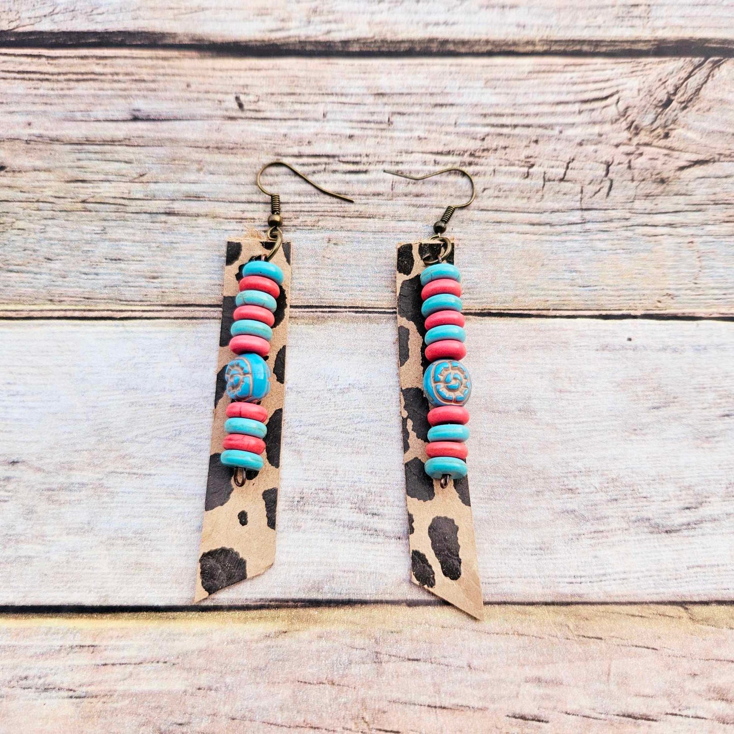 coral and turquoise beaded jewelry, leopard leather earrings, antique gold hardware, handmade jewelry
