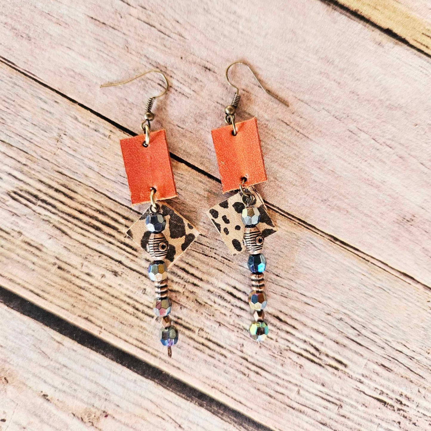 burnt orange leather earrings, antique gold, leopard square leather charm, multicolored beads, handmade jewelry