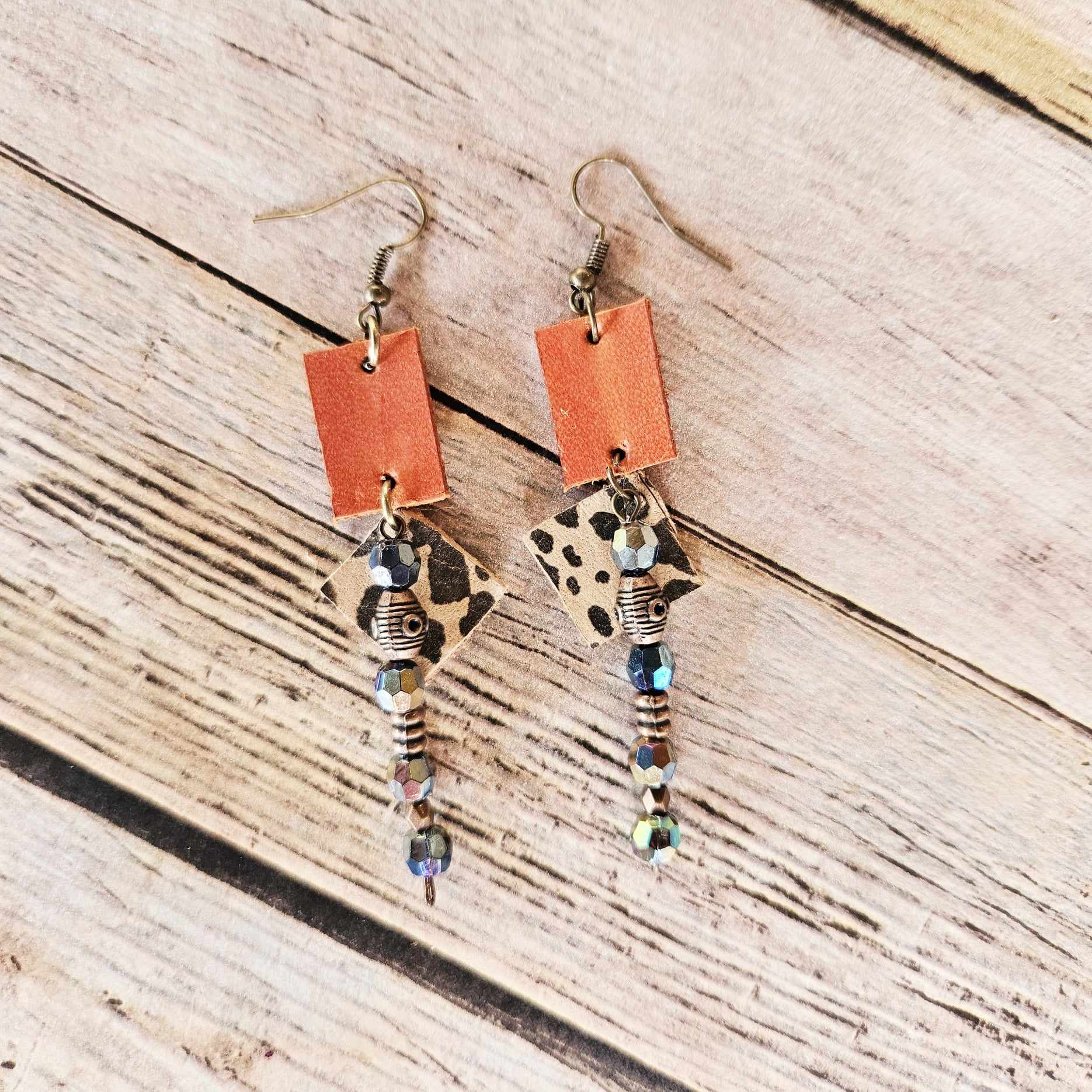 burnt orange leather earrings, antique gold, leopard square leather charm, multicolored beads, handmade jewelry