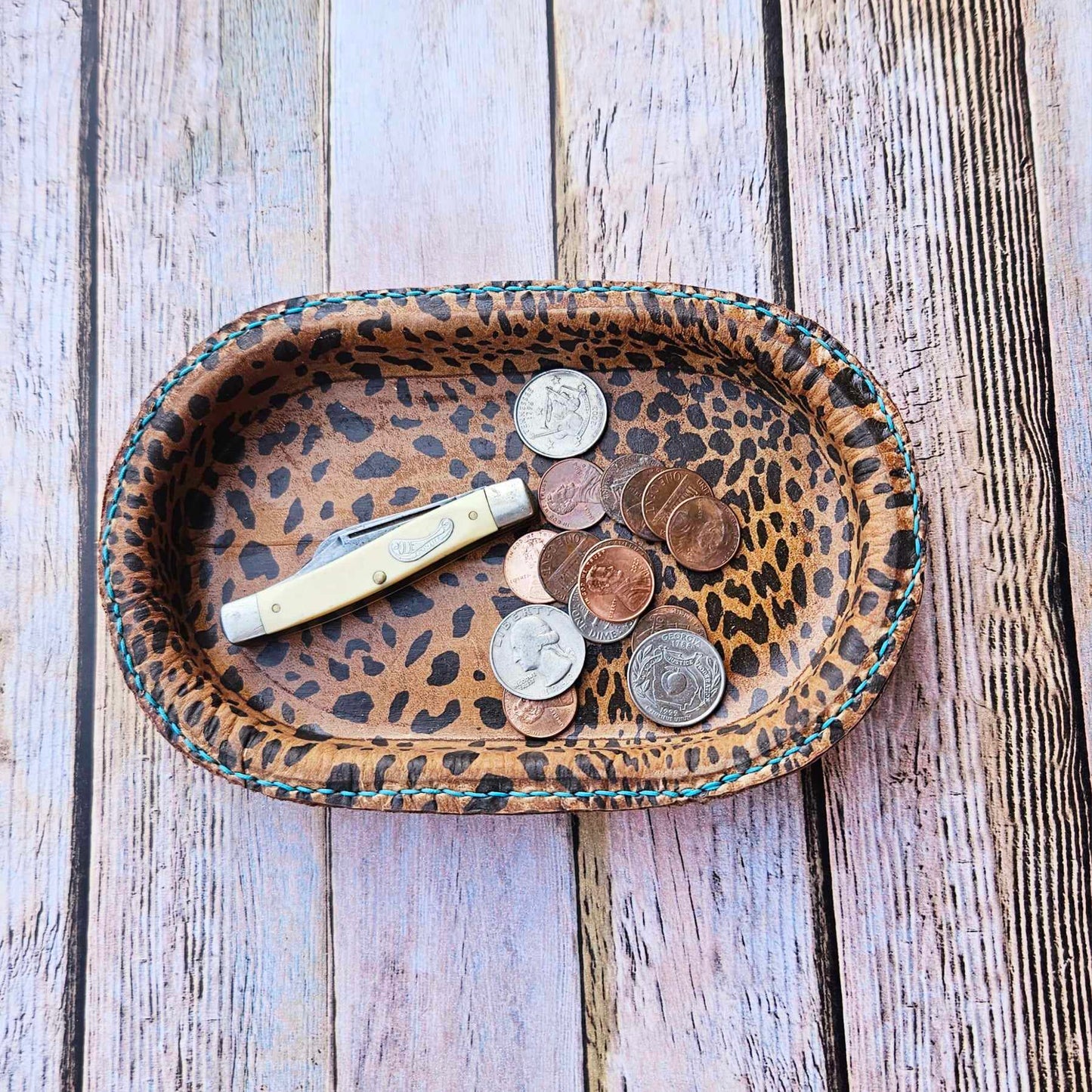 Small Oval Leopard Leather Valet Tray
