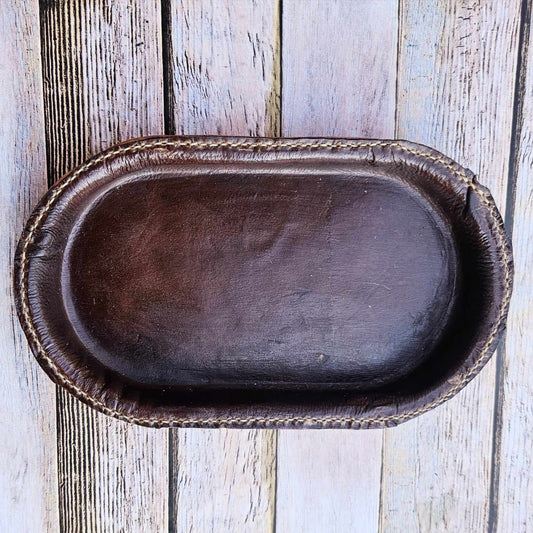oval valet tray,  large brown tray,  brown leather tray, brown valet tray