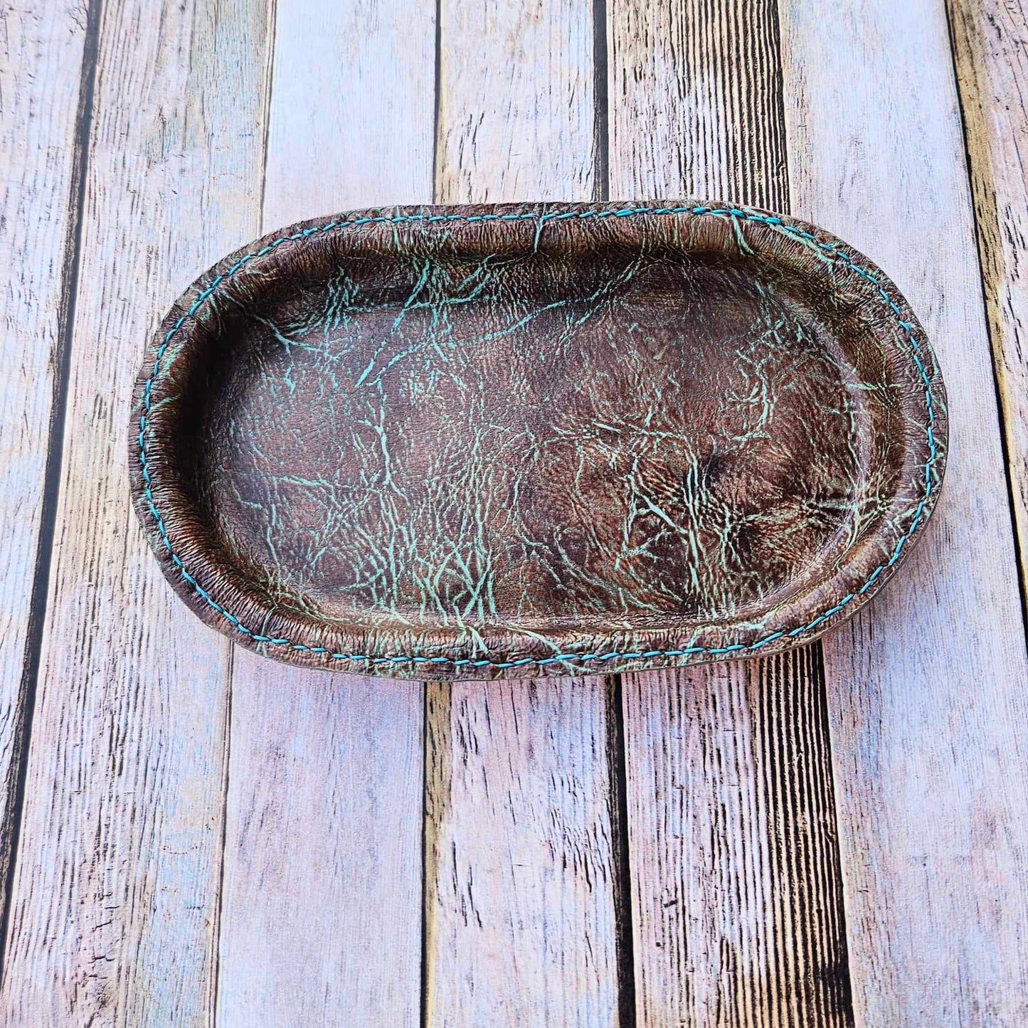 turquoise brown valet tray, turquoise brown leather tray, large valet tray, brown valet tray