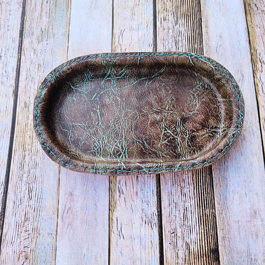 turquoise brown valet tray,  turquoise brown leather tray,  large valet tray,  brown valet tray