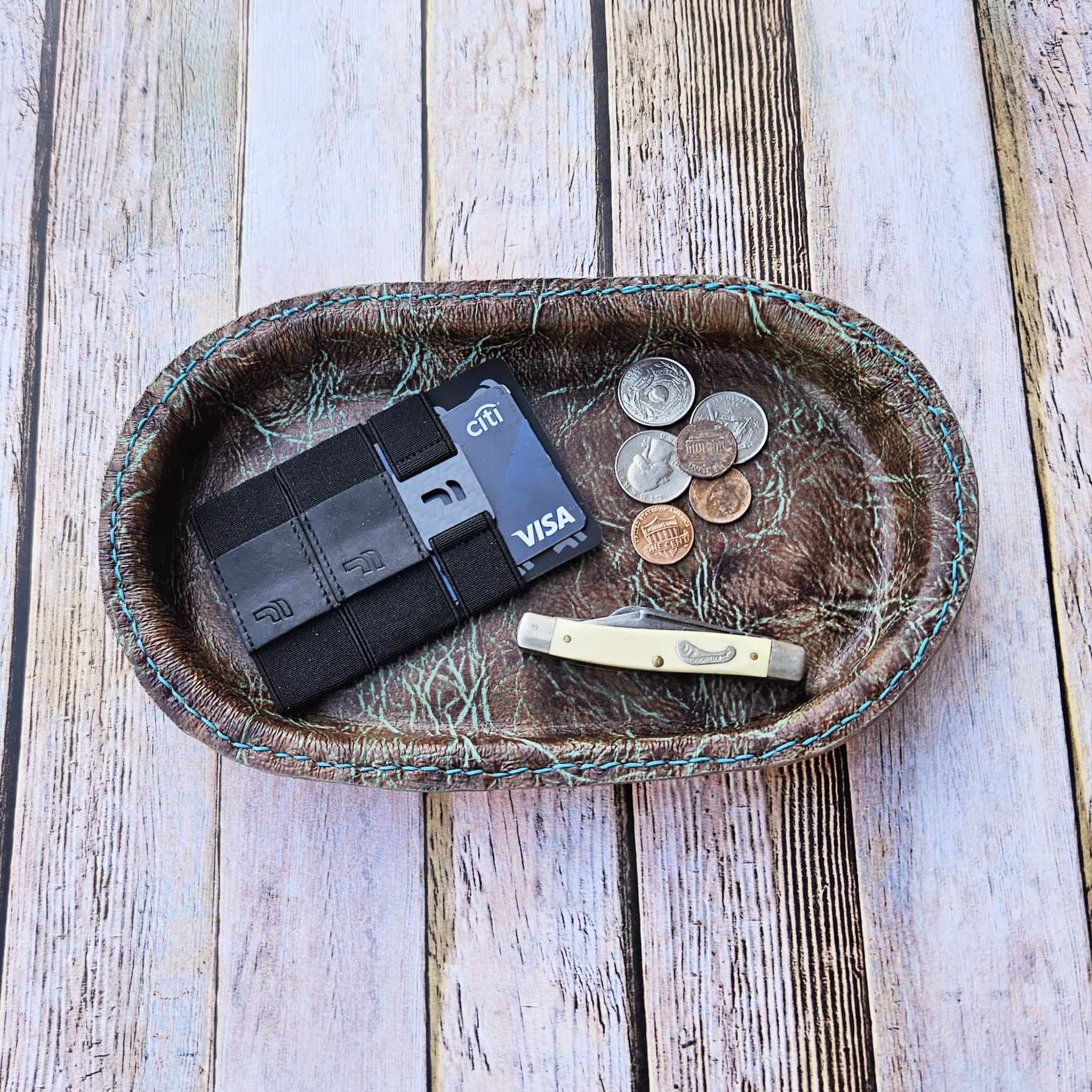 turquoise brown valet tray, turquoise brown leather tray, large valet tray, brown valet tray