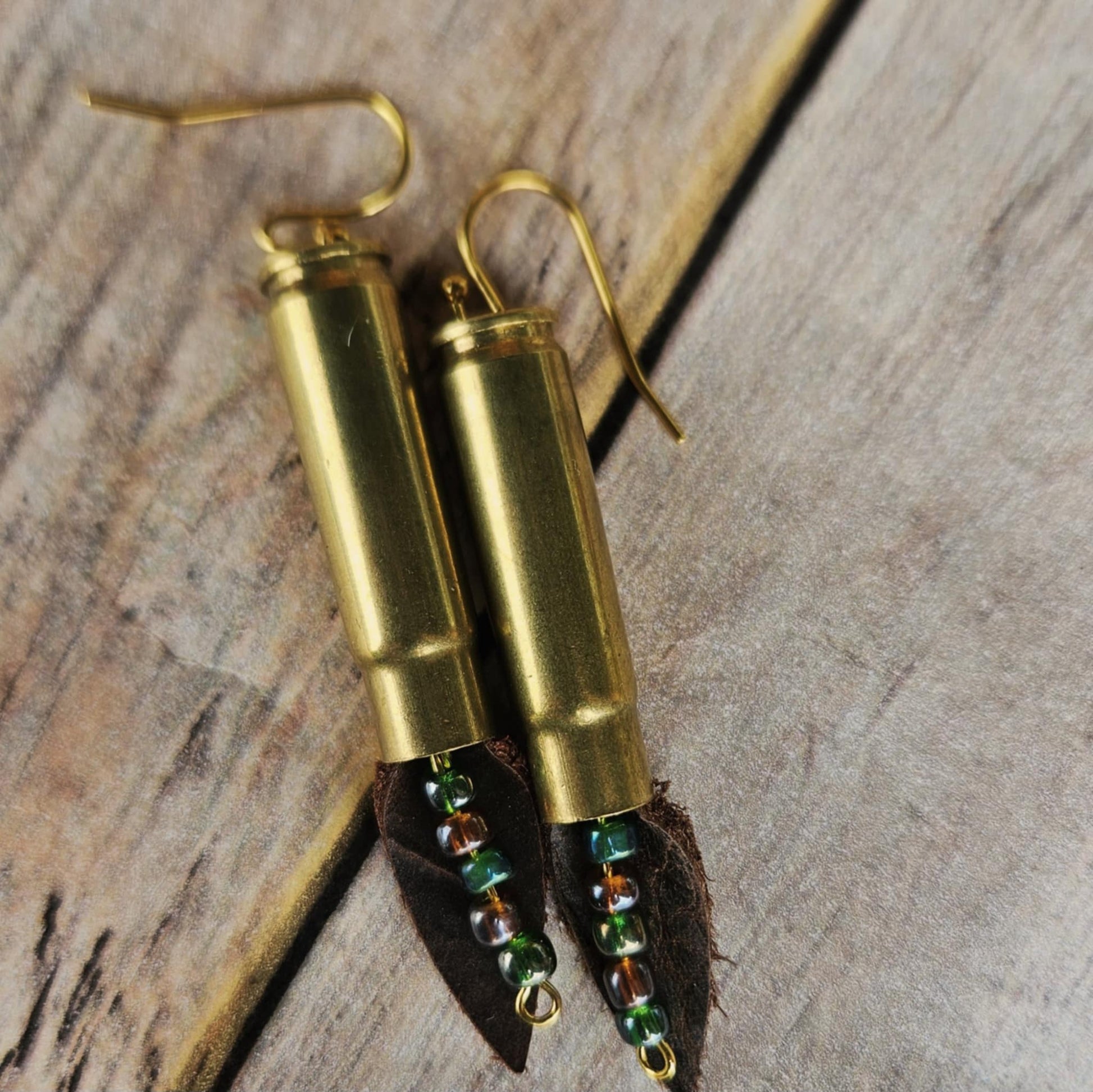crystal ammo earrings, brown leather earrings, shot gun shell jewelry, gold earrings, handmade earrings