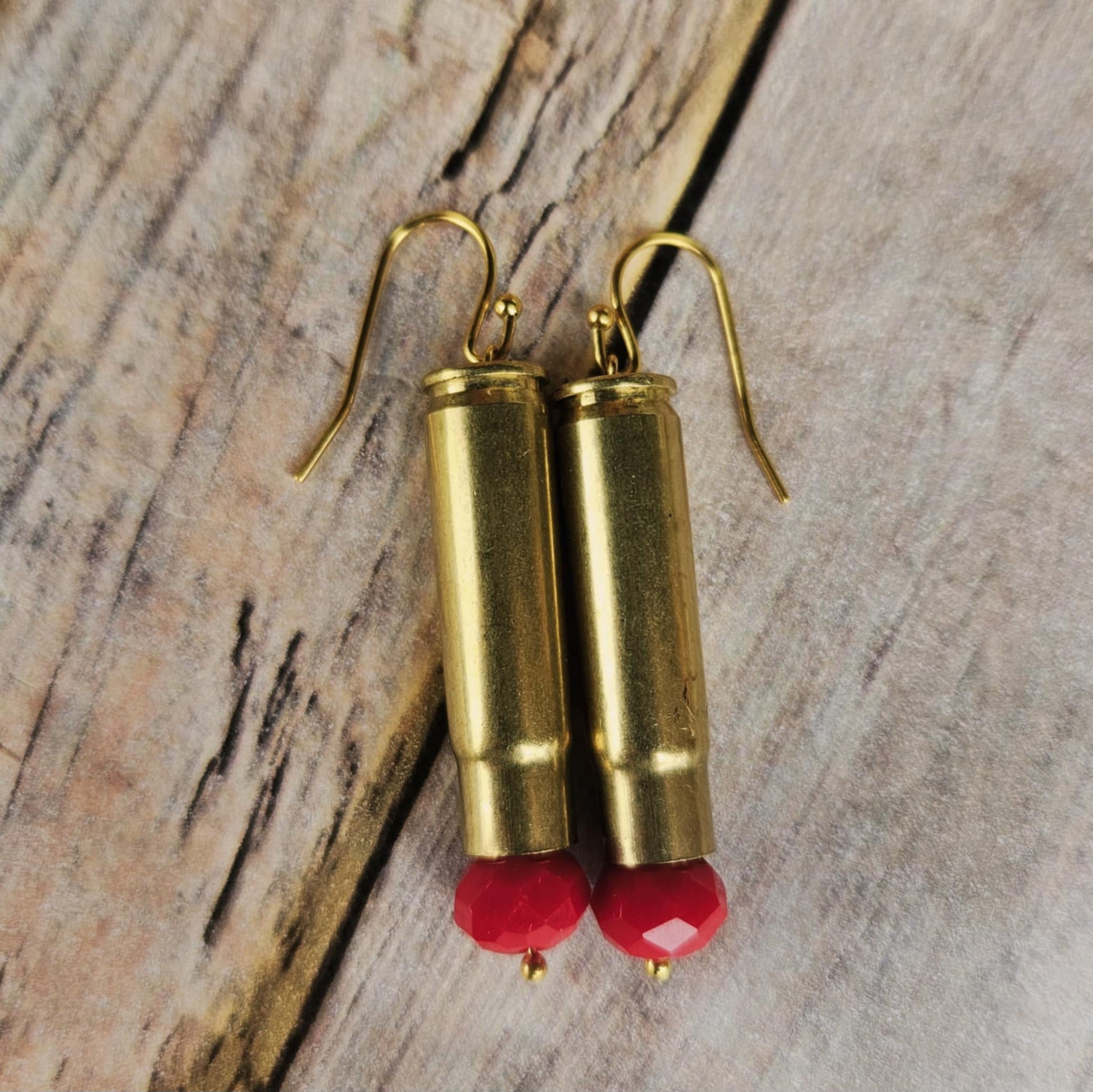 red crystal ammo earring, red crystal bead, shot gun shell jewelry, gold earrings, handmade earrings