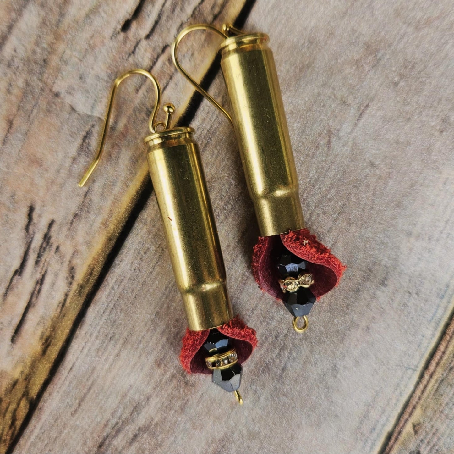 red leather ammo earrings, crystal beaded jewelry, rhinestone earrings, handmade earrings