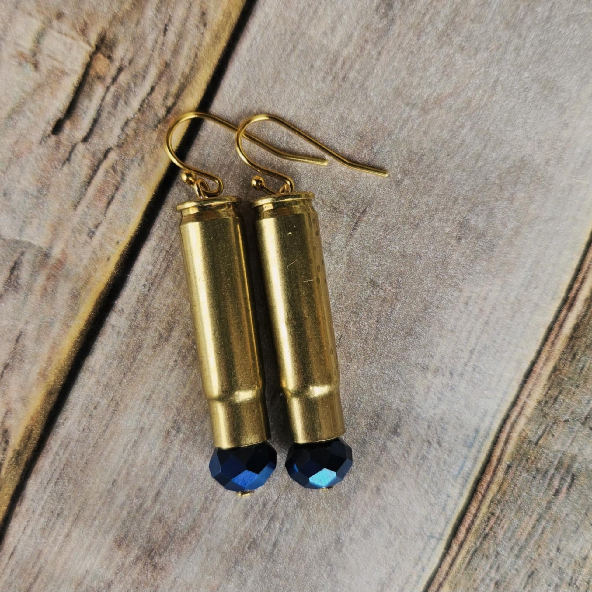blue crystal earring, ammo earrings, handmade earrings, ammo jewelry, gold ammo earrings