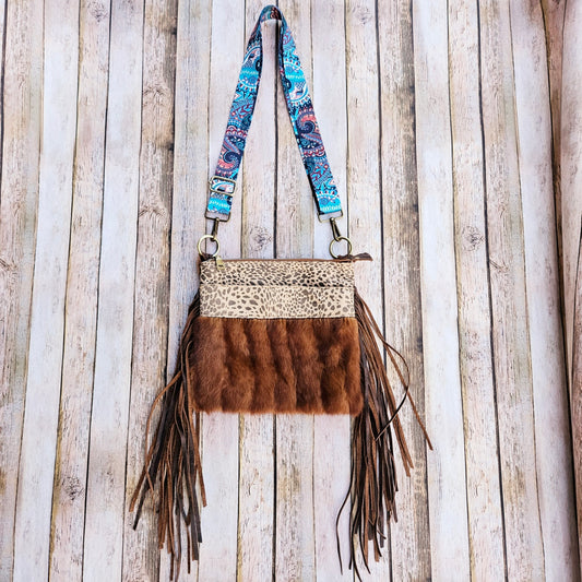 upcycled mink leather bag,  upcycled mink fringe bag,  leopard leather crossbody,  leopard leather,  leather crossbody bag,  crossbody bag