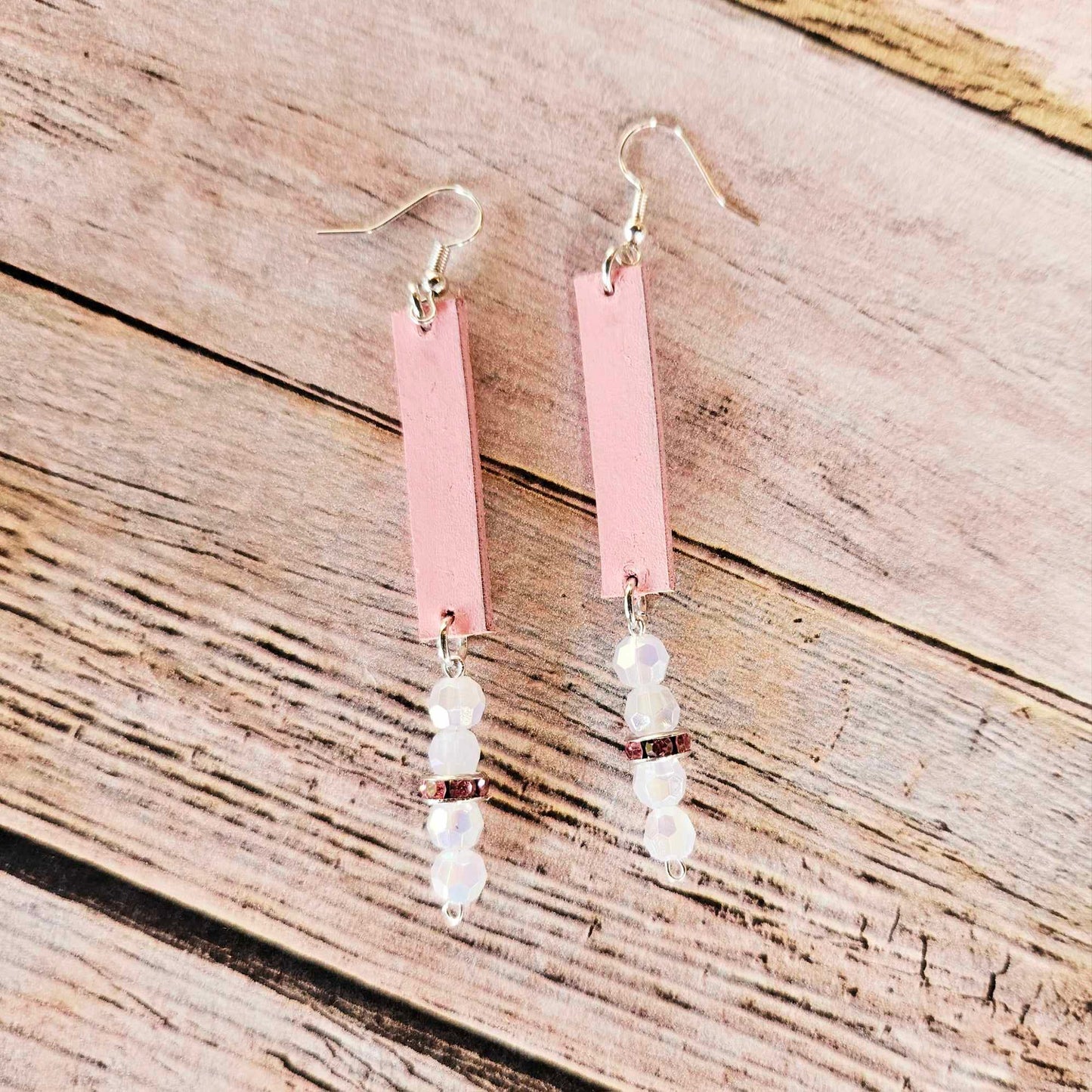 Handcrafted Silver Drop Earrings with Pink Hand-Dyed Leather & Pearl Beads