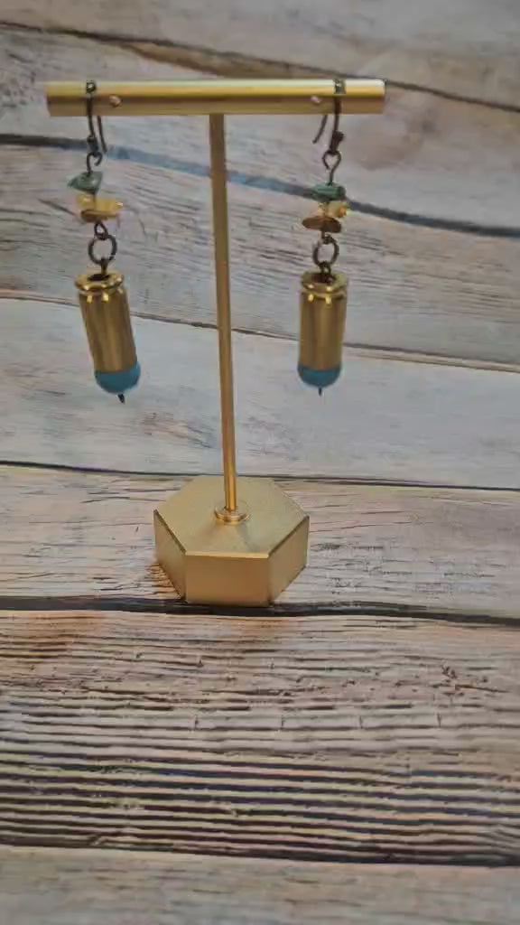 rock earrings, ammo earrings, blue beaded earrings, antique gold earrings
