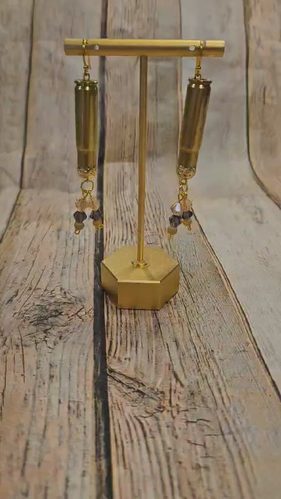 ammo earrings, gold hook earrings, crystal tassel earrings, handmade jewelry