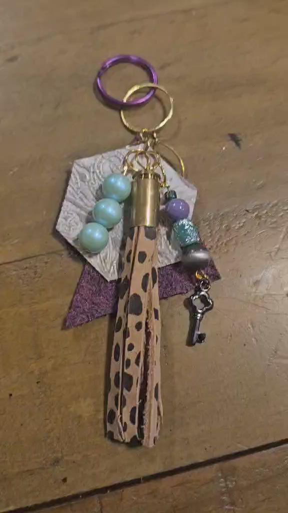 leather leopard ammo keychain, leopard tassel keychain, beaded keychain, ammo keychain, ammo tassel