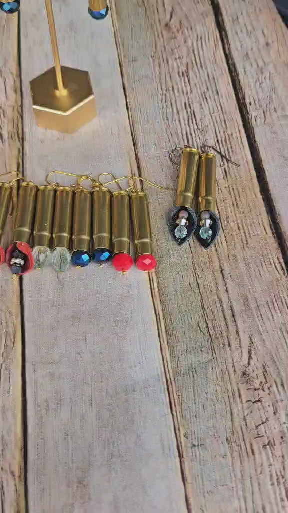 ammo earrings, beaded earrings, leather earrings, crystal beaded earrings