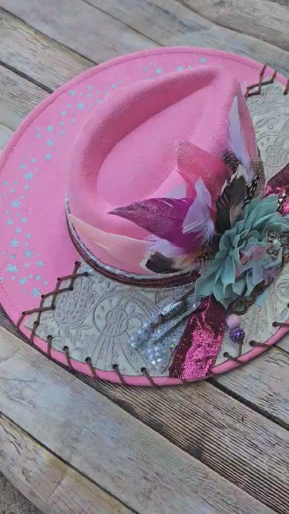 pink felt wide brim hat, unicorn painted hat, wide brim feathered hat, leather laced hat, hand crafted wide brim hat. adjustable pink hat