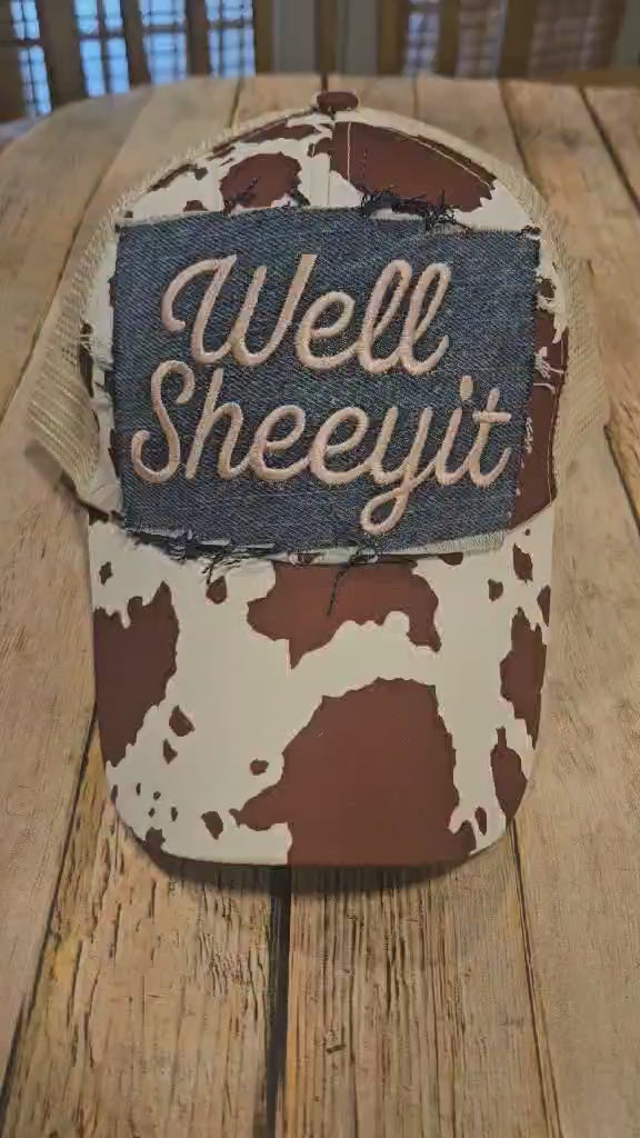 "well Sheeyit" pink embroidered on denim patch cow print hat, adjustable ponytail cow print denim patch cap
