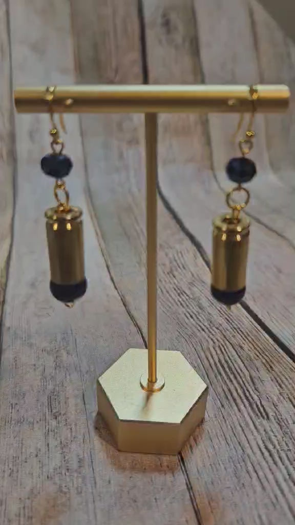blue crystal ammo earrings, ammo earrings, gold hook earrings