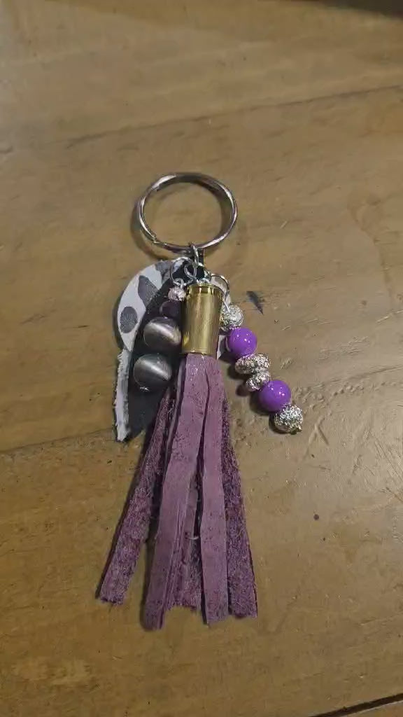 Purple leather ammo tassel keychain, beaded keychain, leather keychain, tassel keychain, handmade keychain