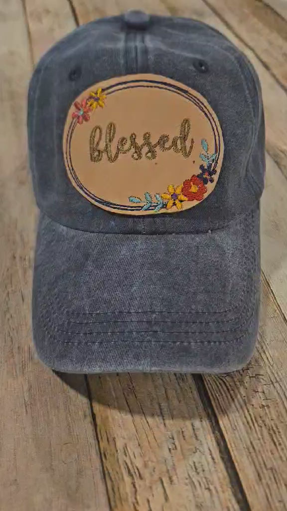 Blue denim cap with Leather Blessed embroidered patch, leather patch hat, blessed ball cap, floral embroidered hat