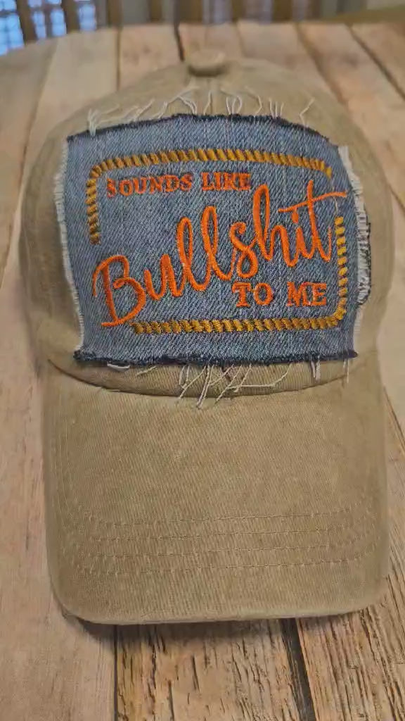 wheat colored ball cap, embroidered patch cap, Bullshit embroidered cap, denim patch
