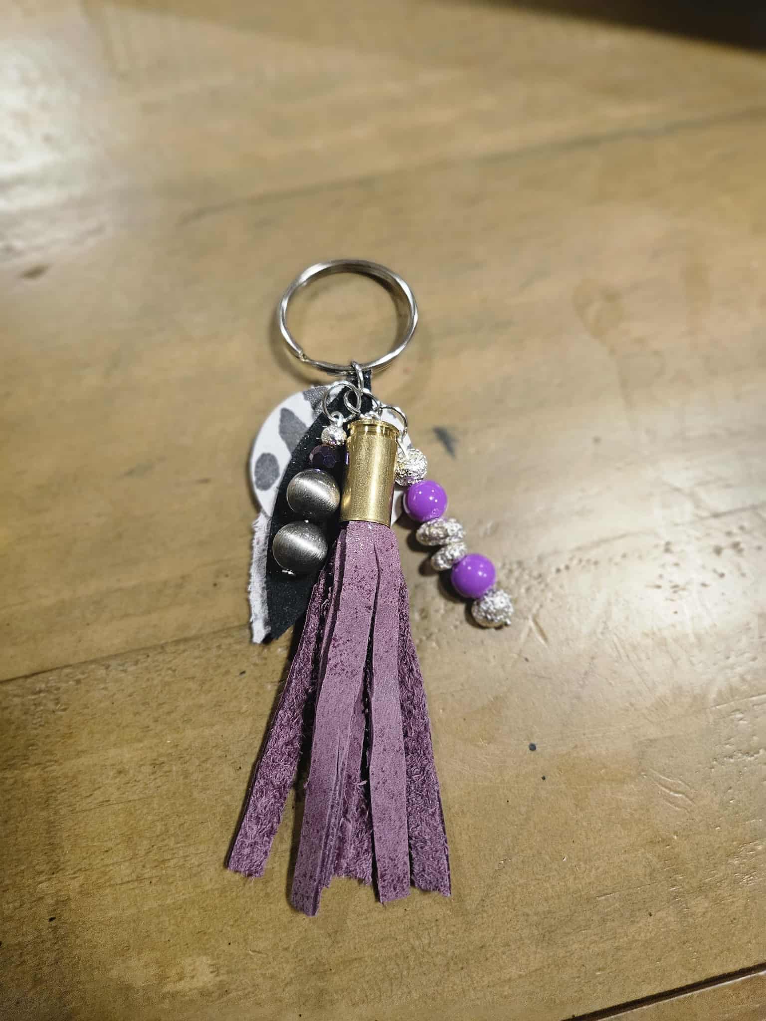 Purple leather ammo tassel keychain, beaded keychain, leather keychain, tassel keychain, handmade keychain