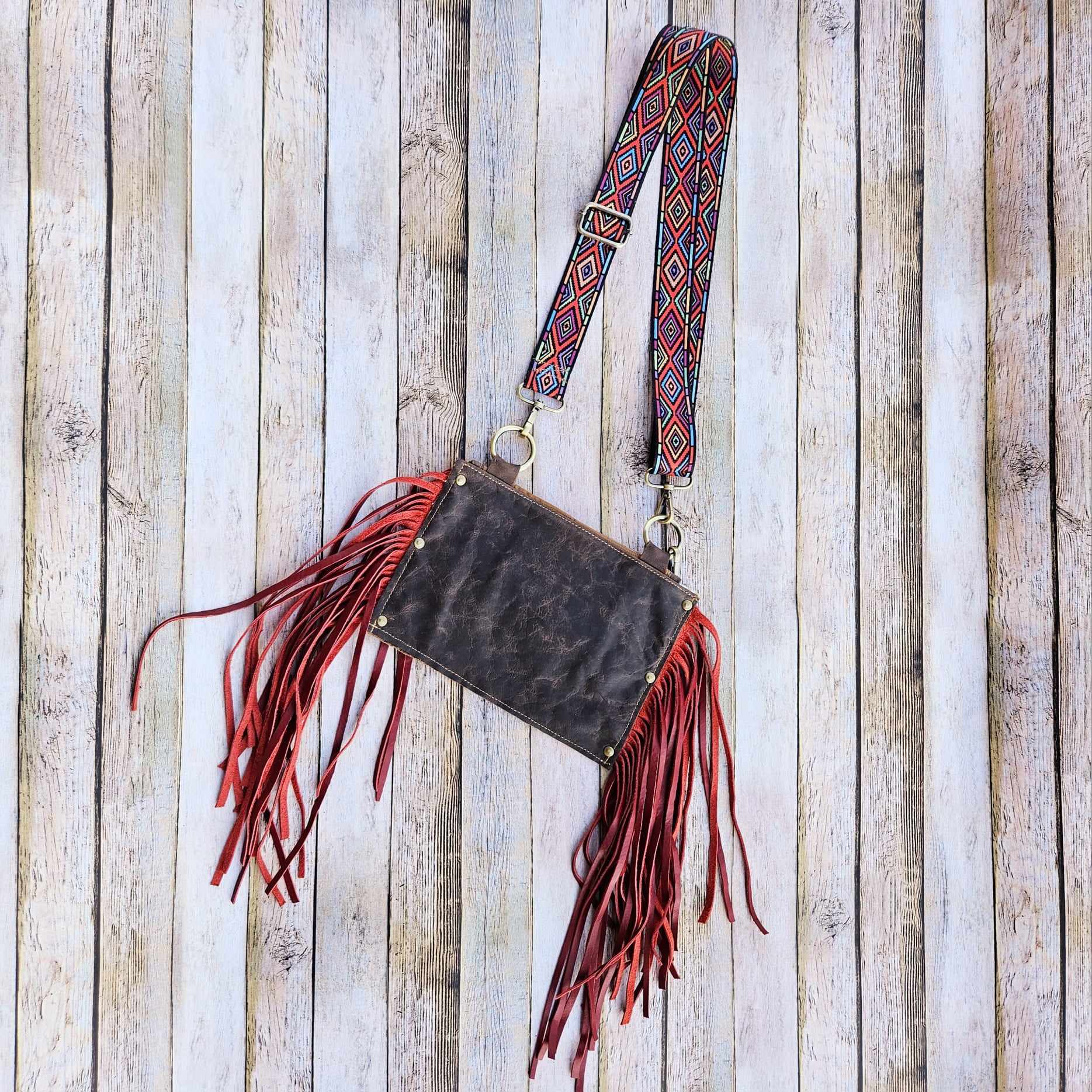 red fringe leather bag, fringe leather crossbody, crossbody bag, red fringe bag, leather fringe purse, brown leather bag