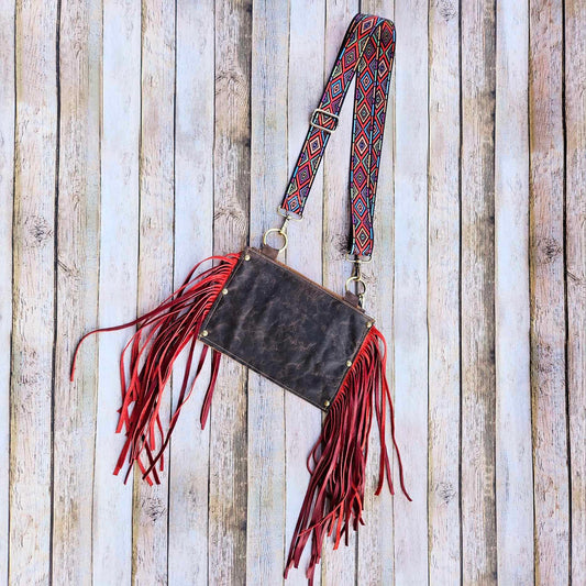 red fringe leather bag, fringe leather crossbody, crossbody bag, red fringe bag, leather fringe purse, brown leather bag