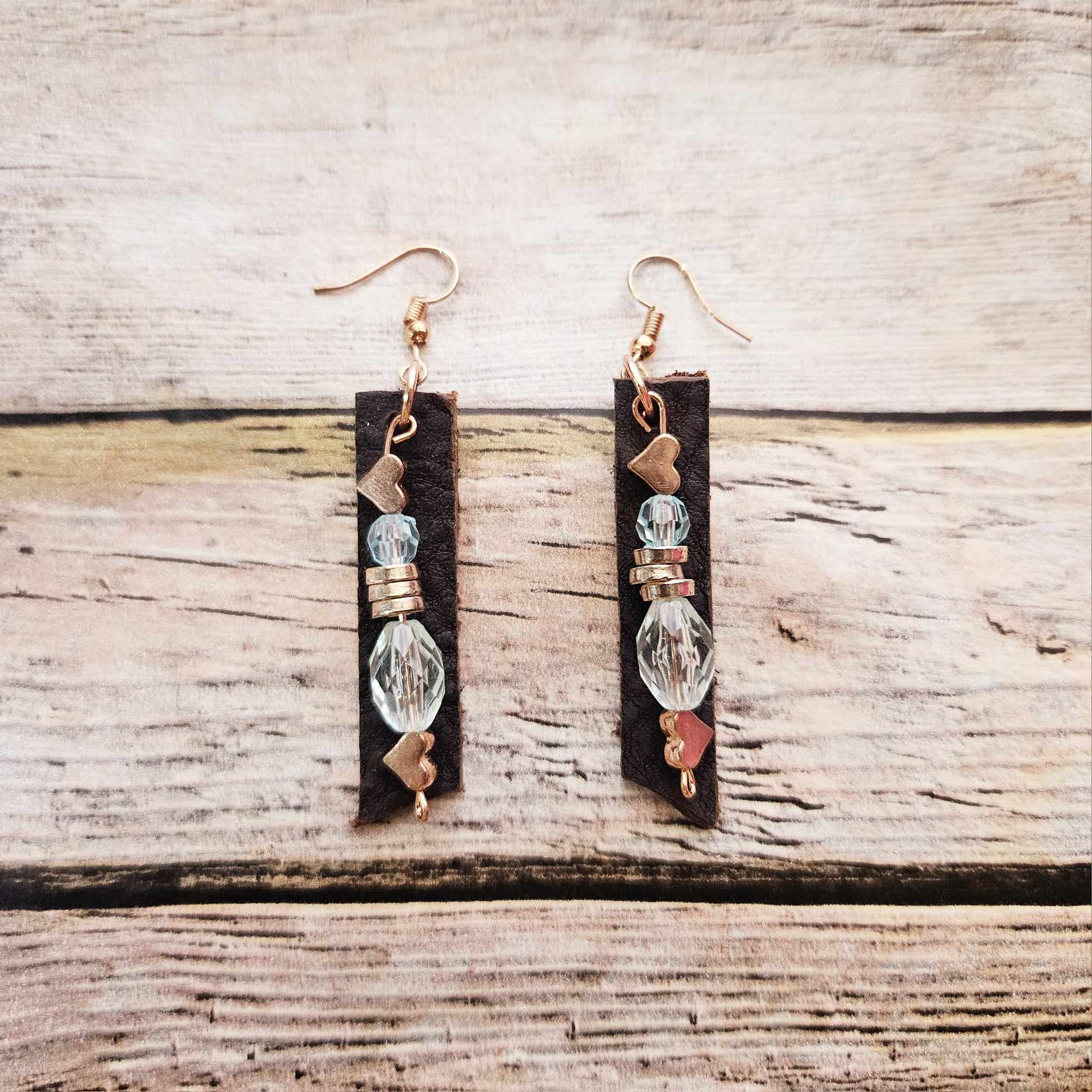 rose gold earrings, heart earrings, brown leather earrings, handmade jewelry, crystal beads