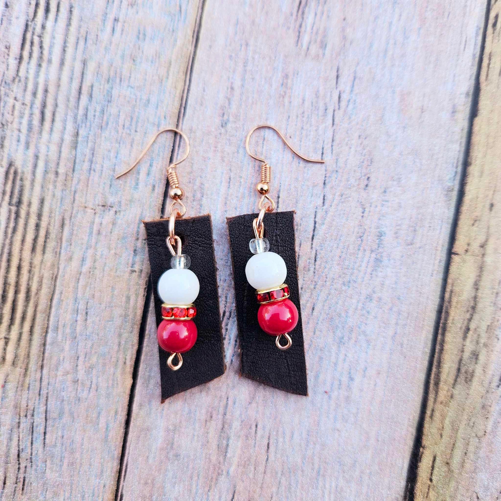 gold earrings, red and white beads, rhinestone spacers, brown leather jewelry, handmade jewelry
