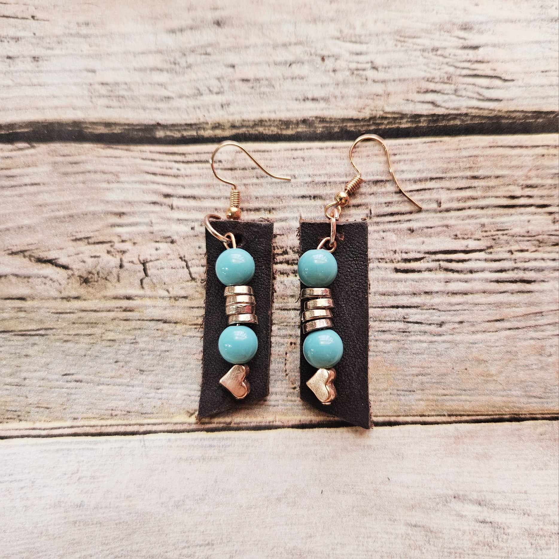 rose gold earrings, aqua bead earrings, heart charms, brown leather earrings, handmade jewelry
