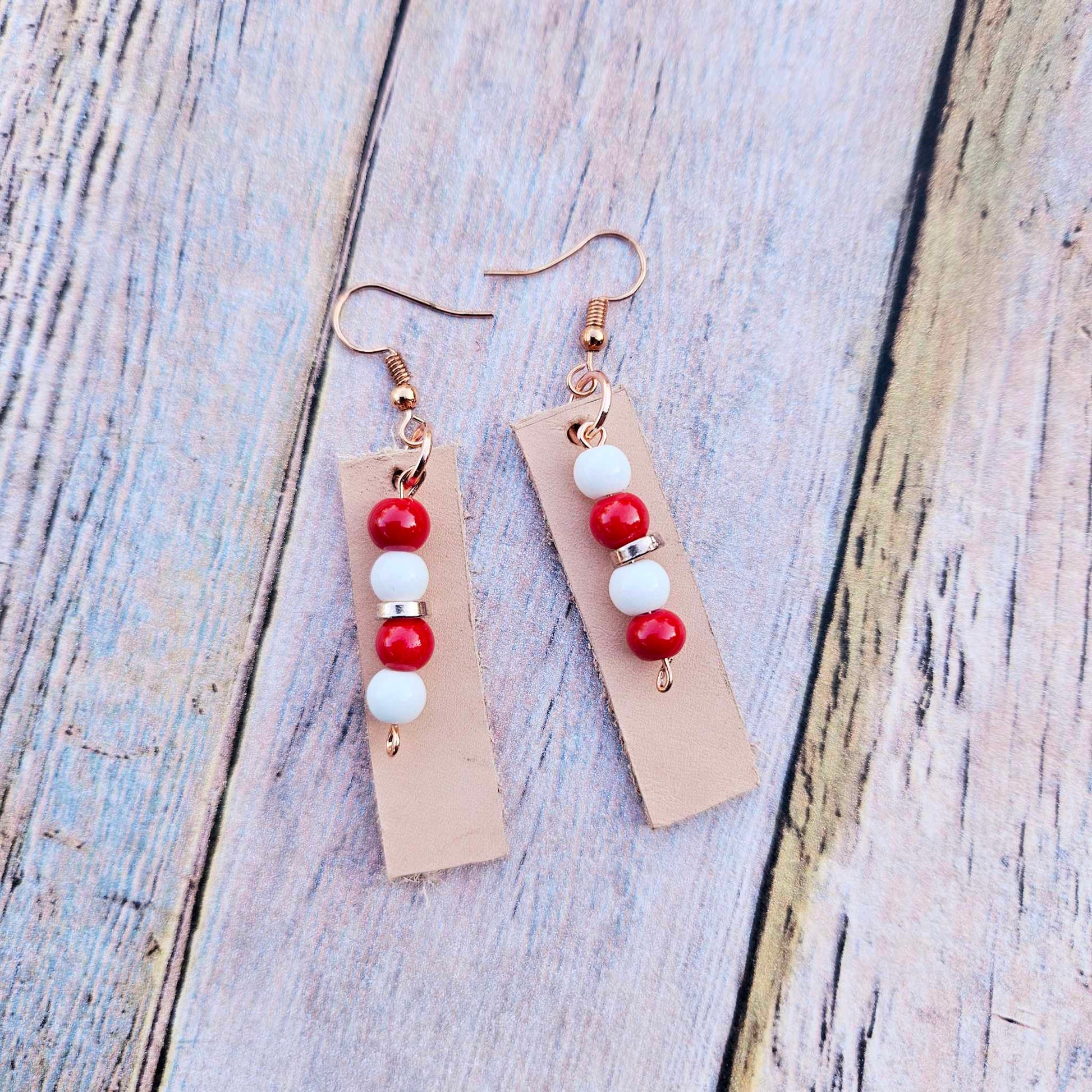 rose gold earrings, read and white beaded earrings, vegetable leather earrings handmade leather jewelry