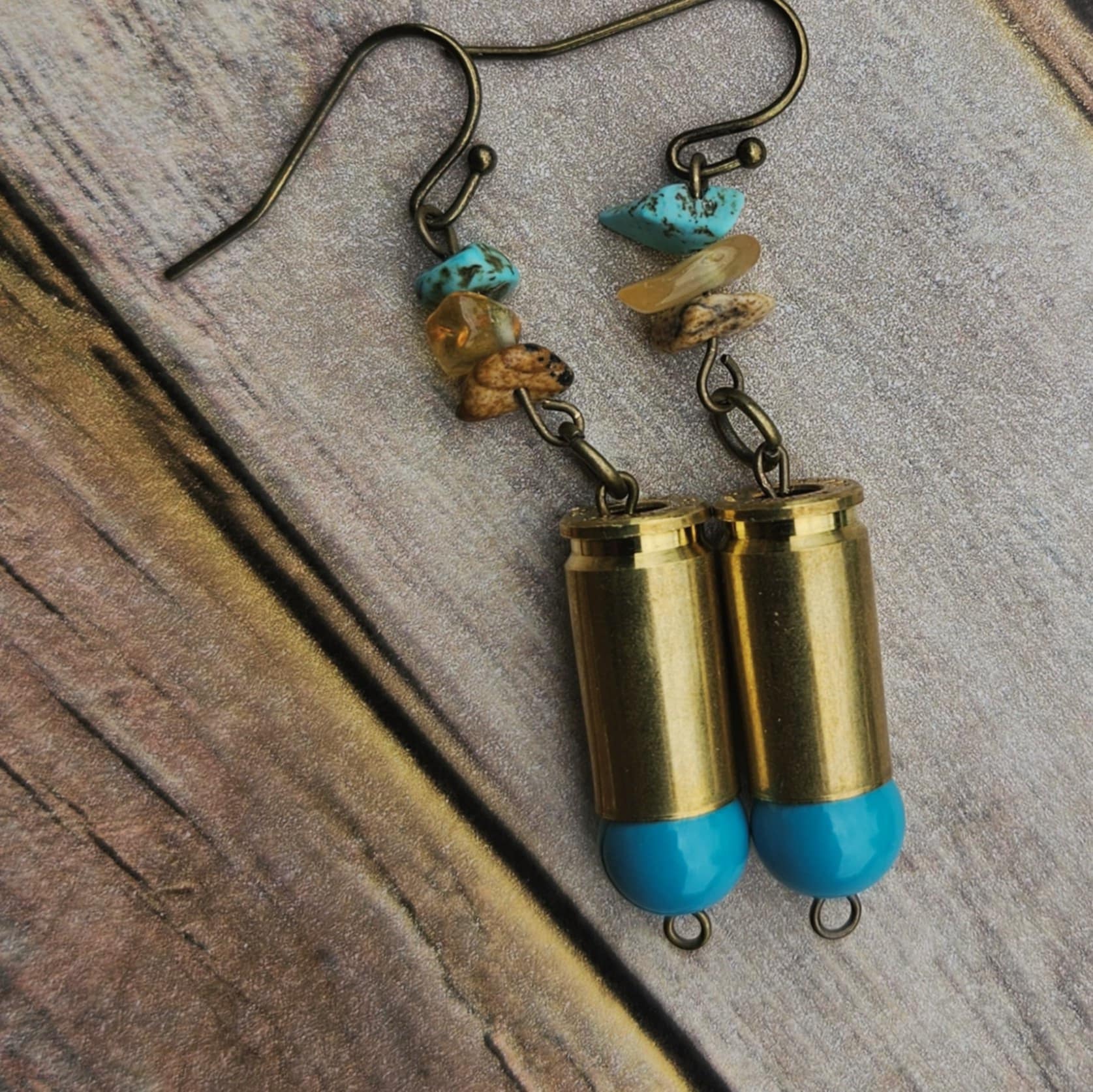 antique gold ammo earrings, rock jewelry, hook earrings handmade earrings