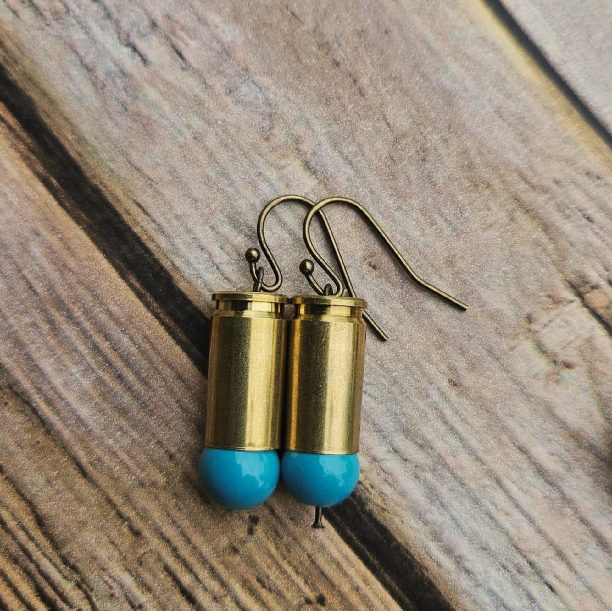 aqua blue ammo earrings, antique gold earrings