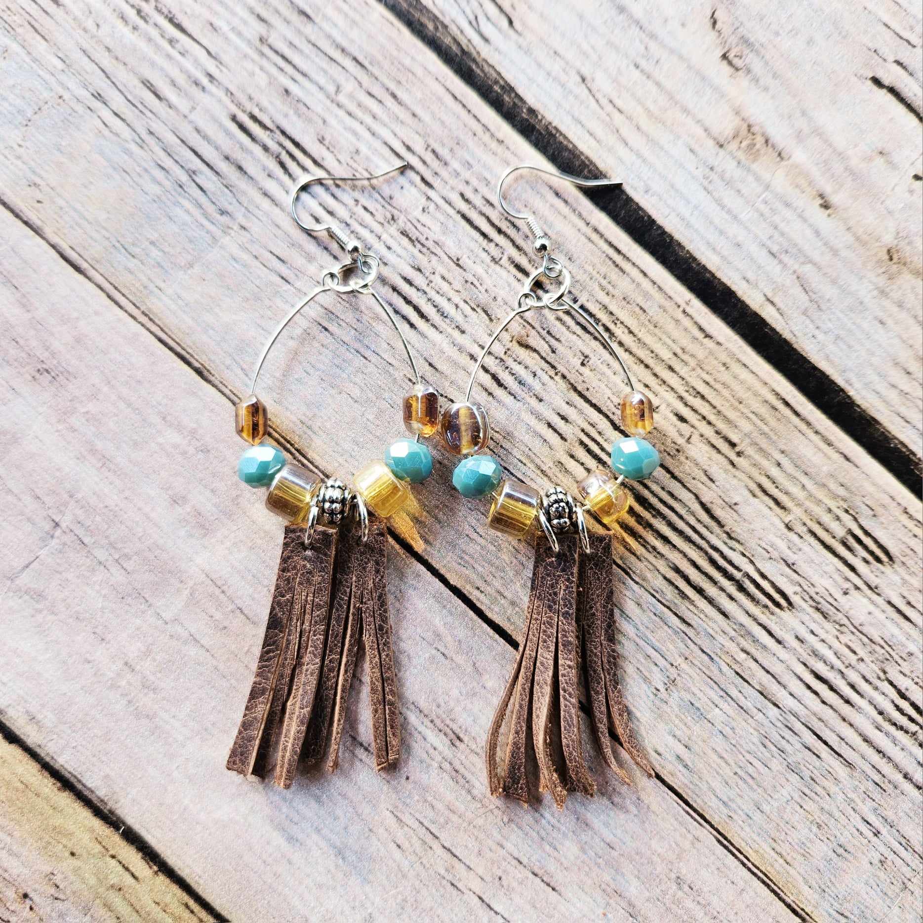 silver hoop earrings, multi colored beads, brown fringe jewelry, handmade, genuine leather earrings