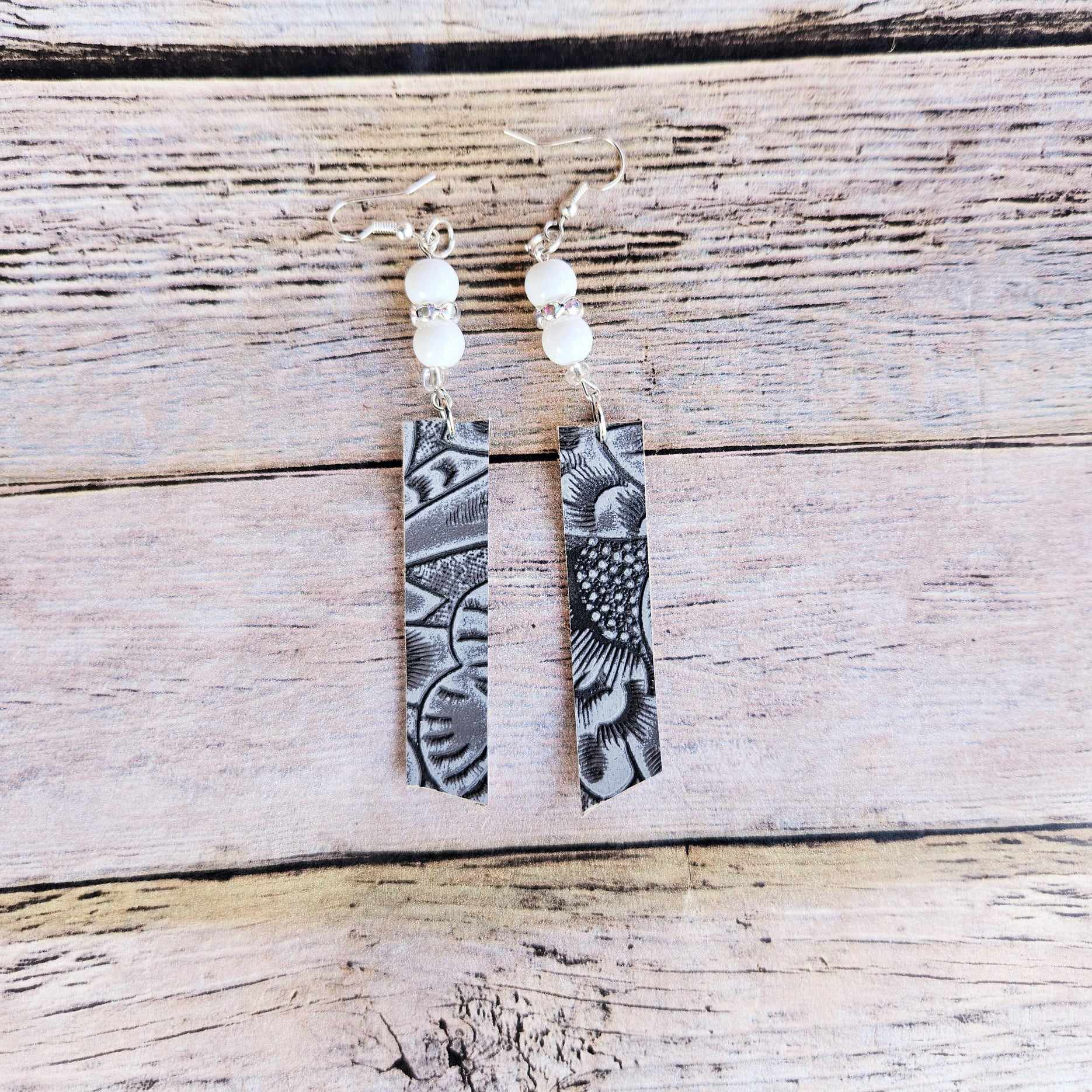 grey leather earrings, white beaded jewelry, silver rhinestone earrings, handmade jewelry