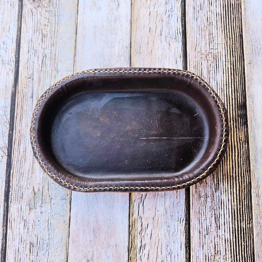 Small Oval Brown Leather Valet Tray