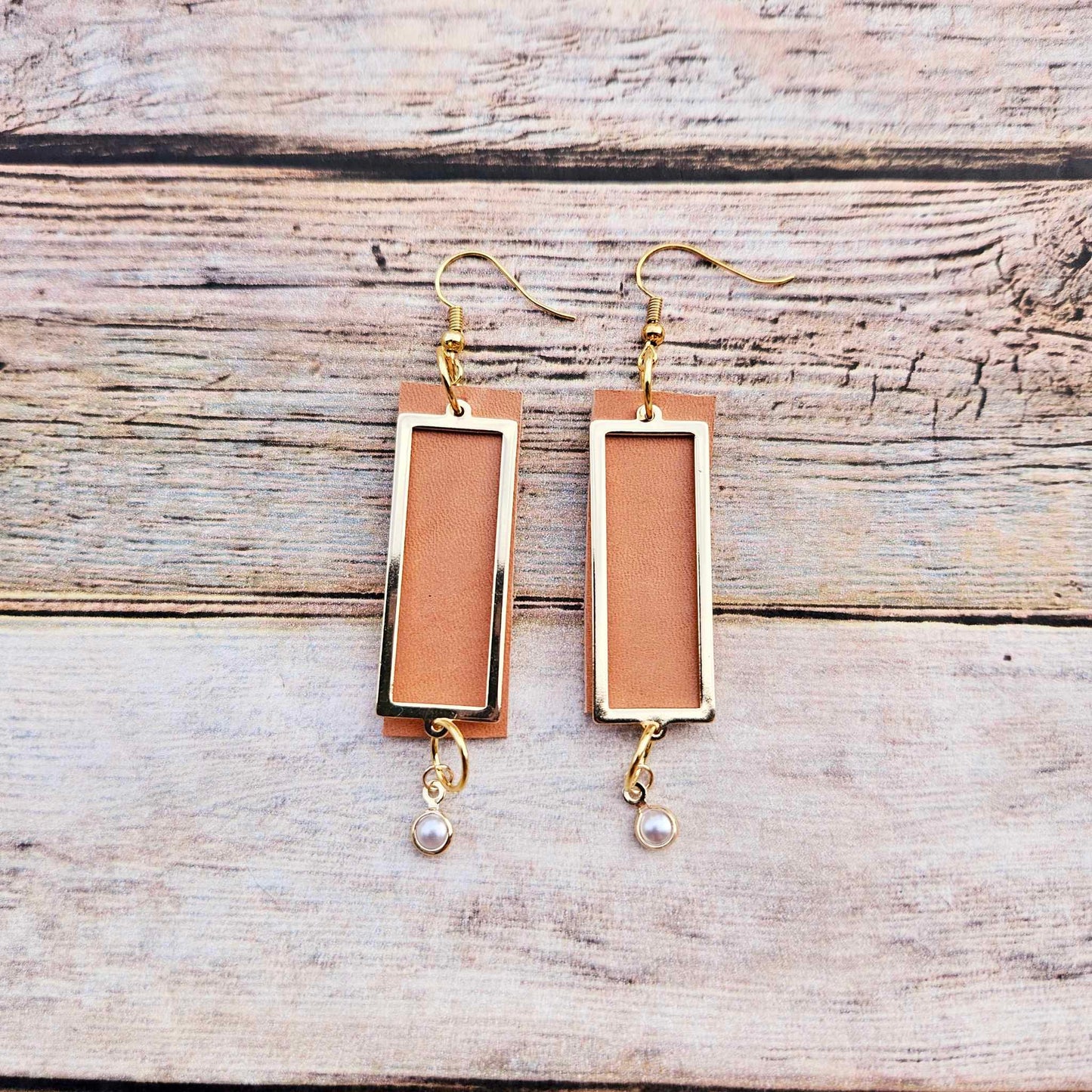 veg tan leather jewelry, gold rectangle earrings, pearl charm earrings, handmade jewelry