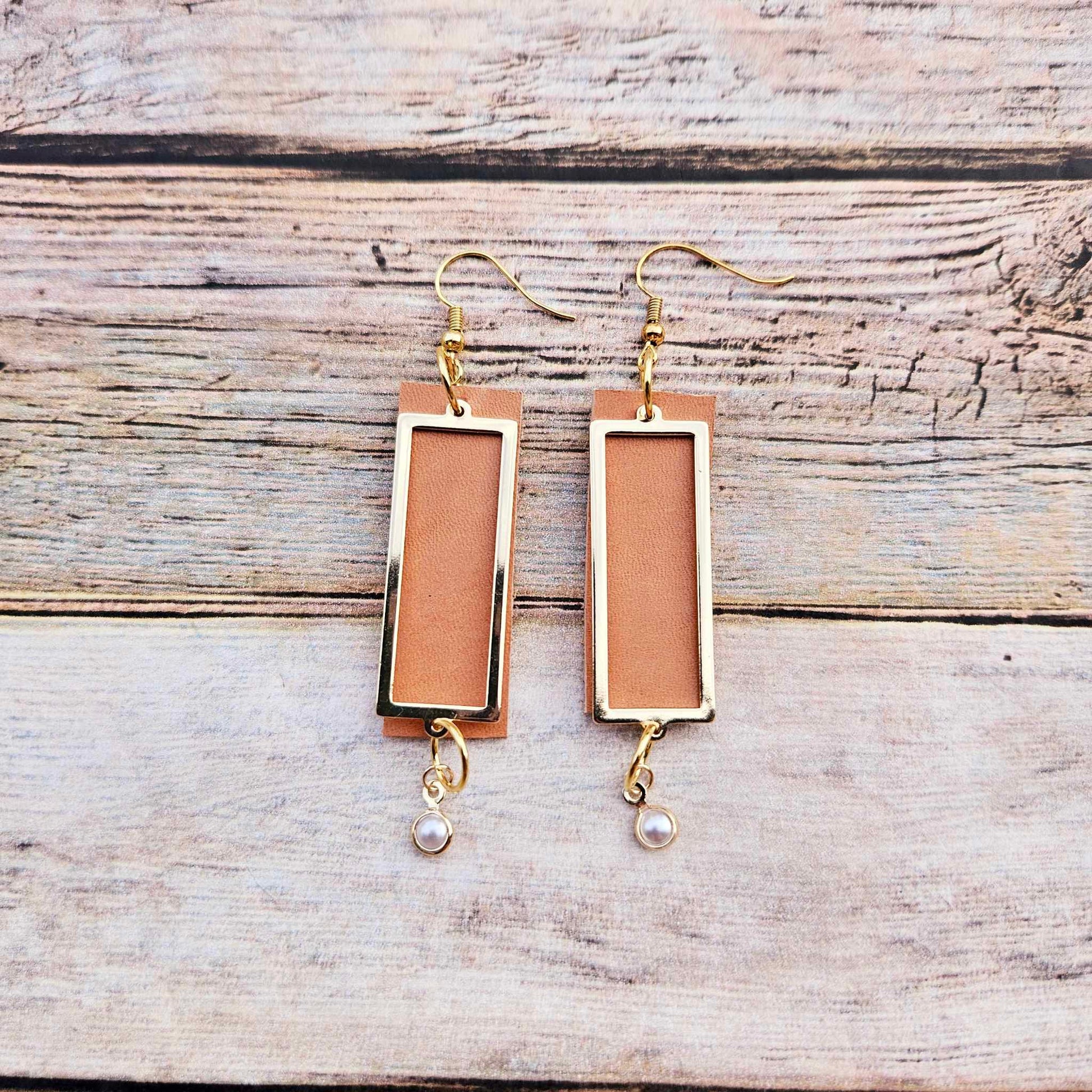 veg tan leather jewelry, gold rectangle earrings, pearl charm earrings, handmade jewelry