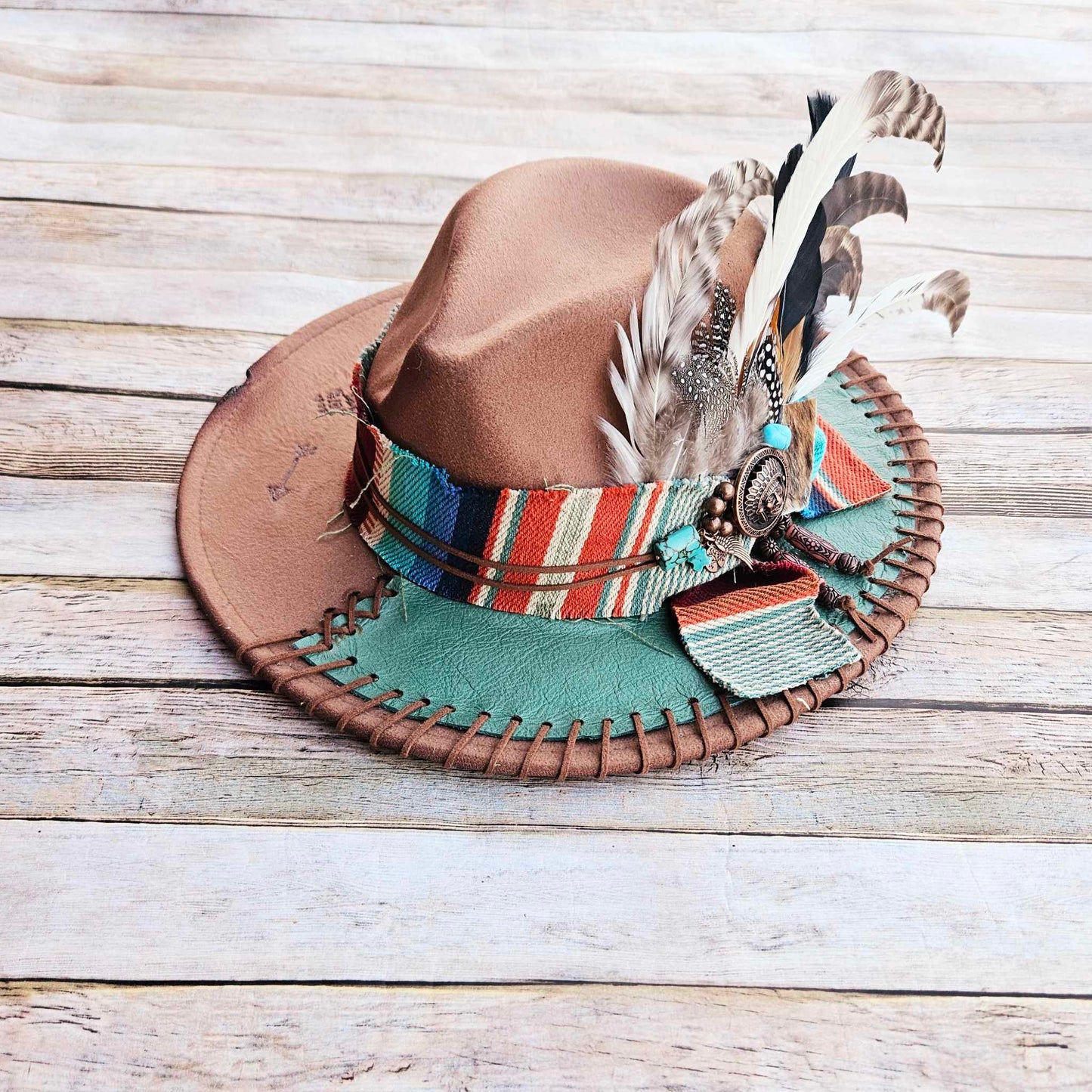 burned brim hat, camel colored hat, feathered brim hat, leather laced hat