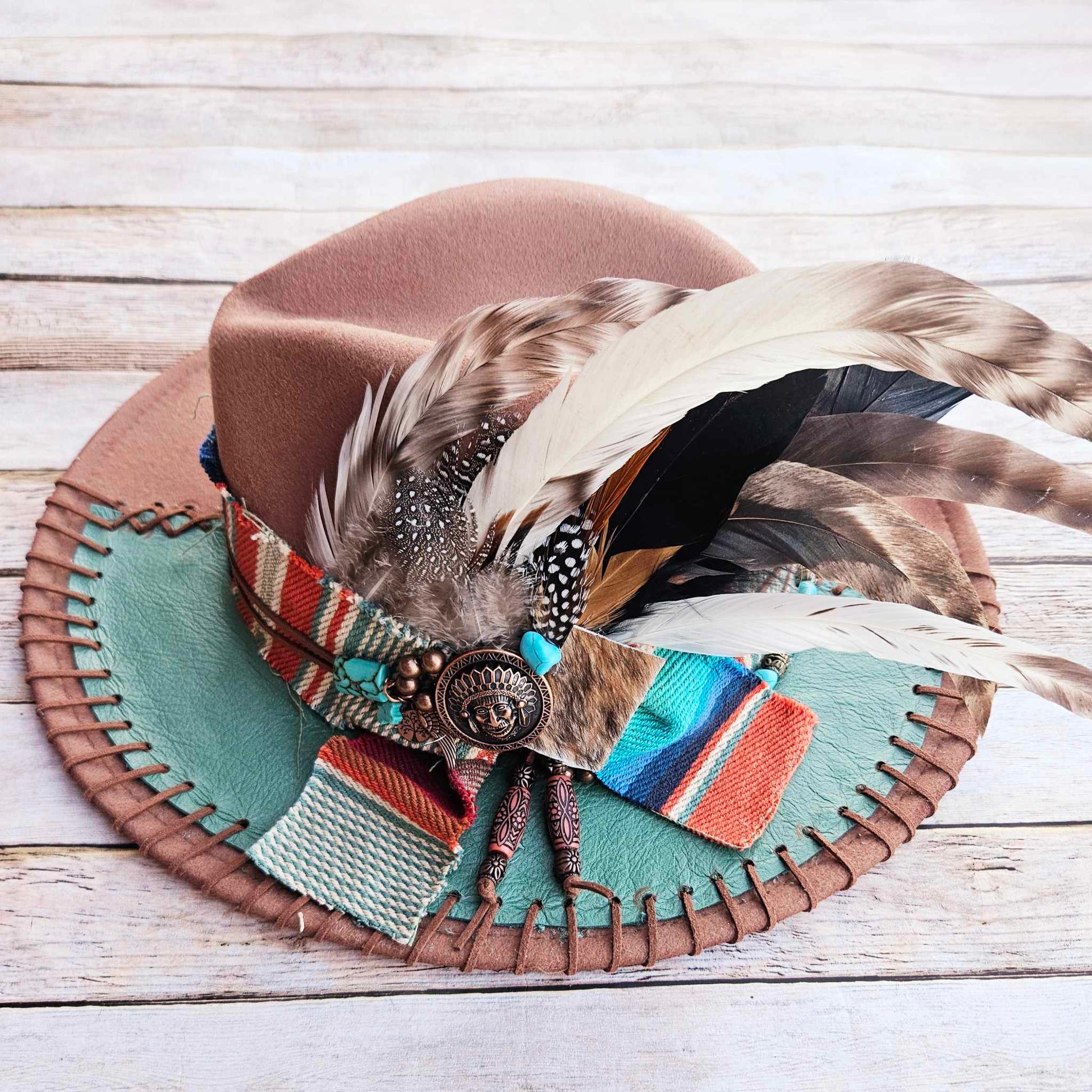 burned brim hat, southwest hat, feathered brim hat, leather laced hat