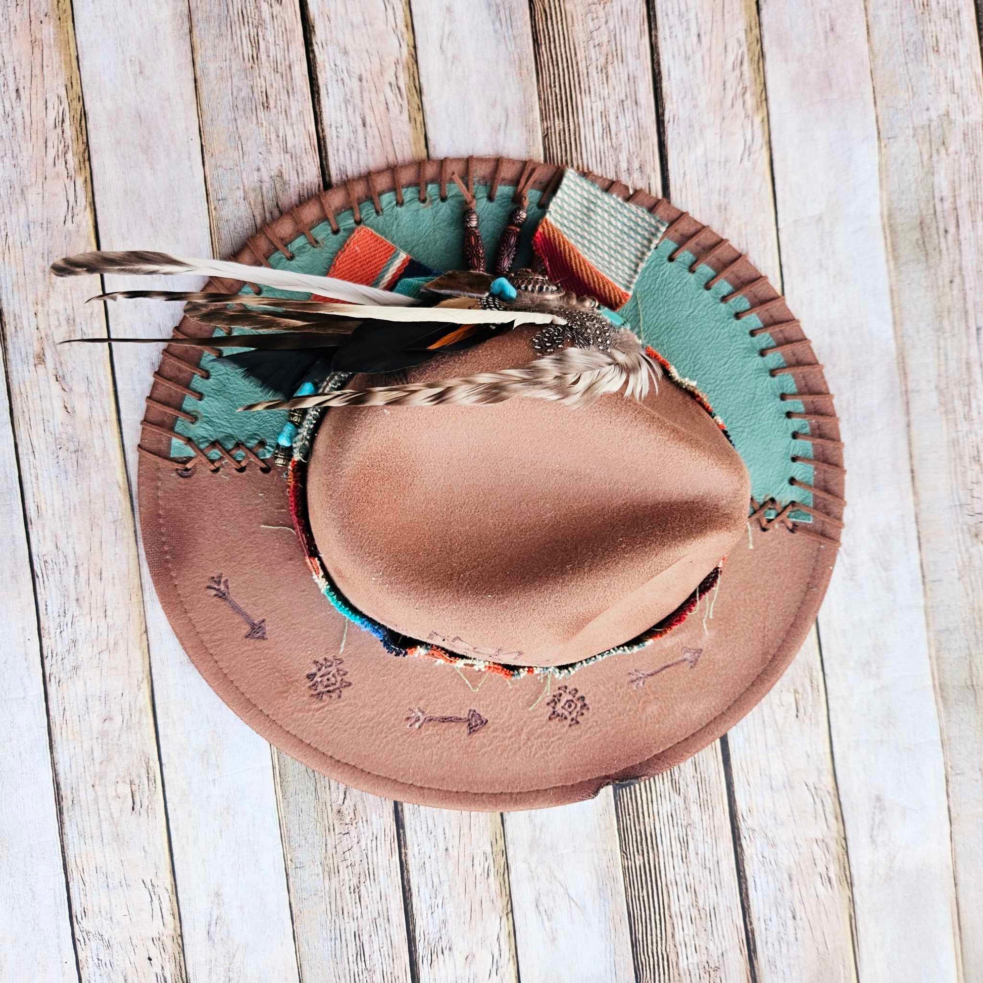 burned brim hat, taupe hat, feathered brim hat, leather laced hat