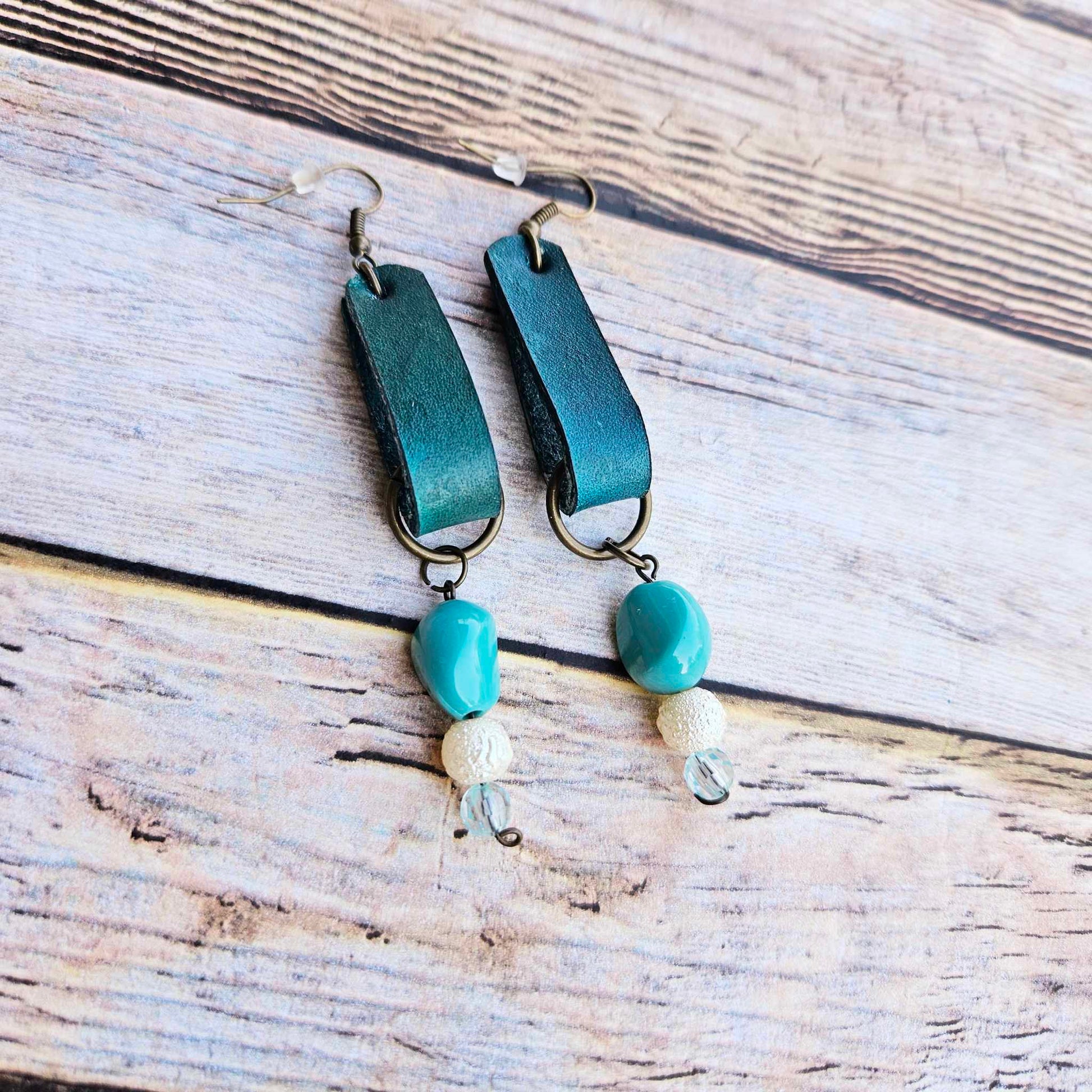 teal leather earrings, beaded earrings, handcrafted jewelry